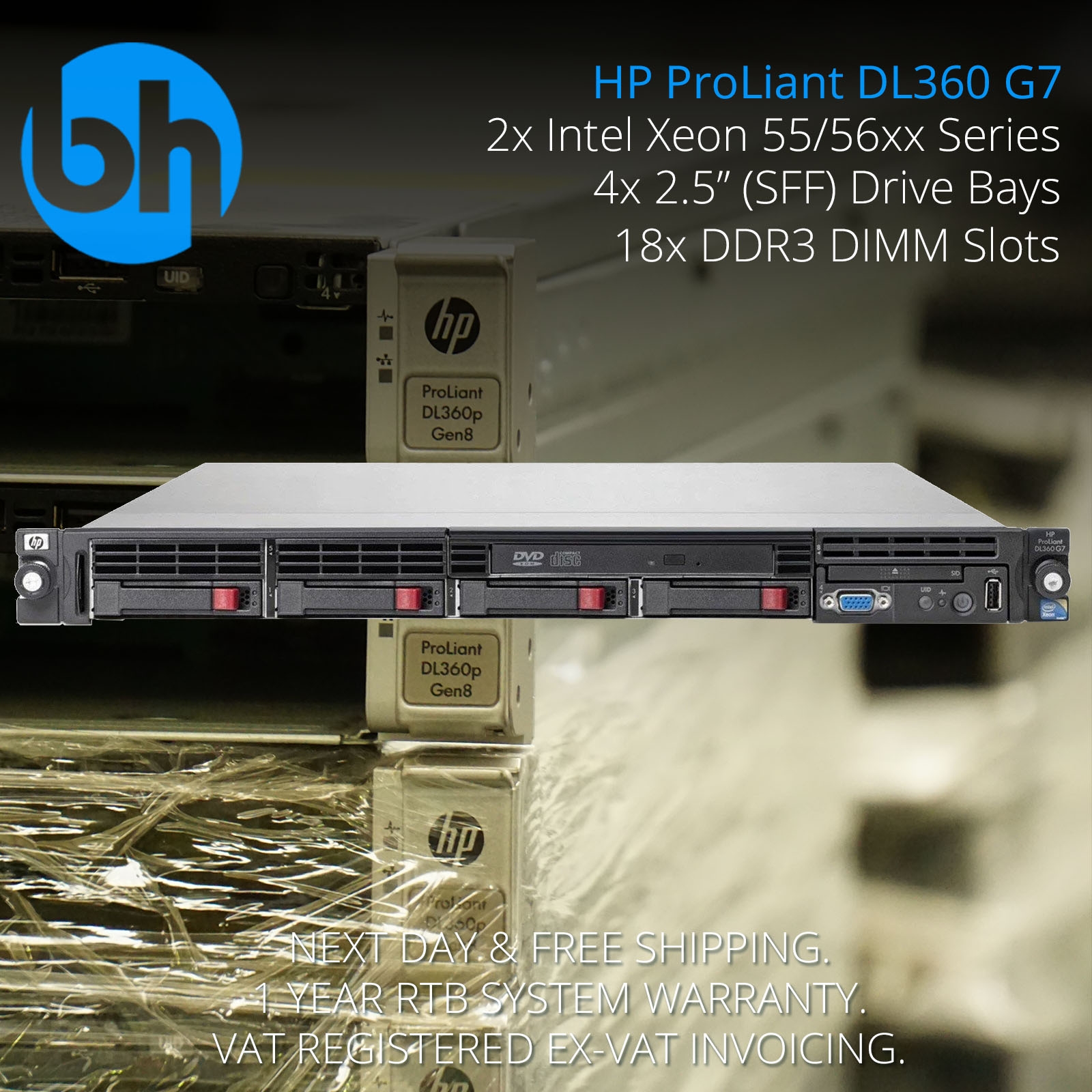HP ProLiant DL360 G7 8 Bay - 2x Intel Xeon Quad Core L5630, 16GB DDR3 P410i 1U