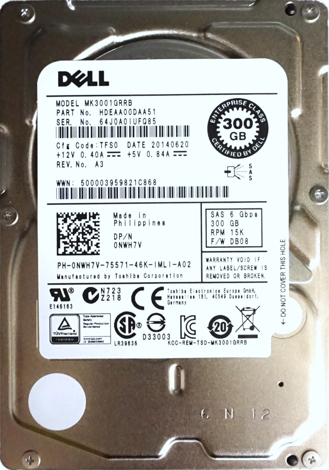 Dell (NWH7V) SAS-2 300GB (2.5") 6Gbps 15K HDD