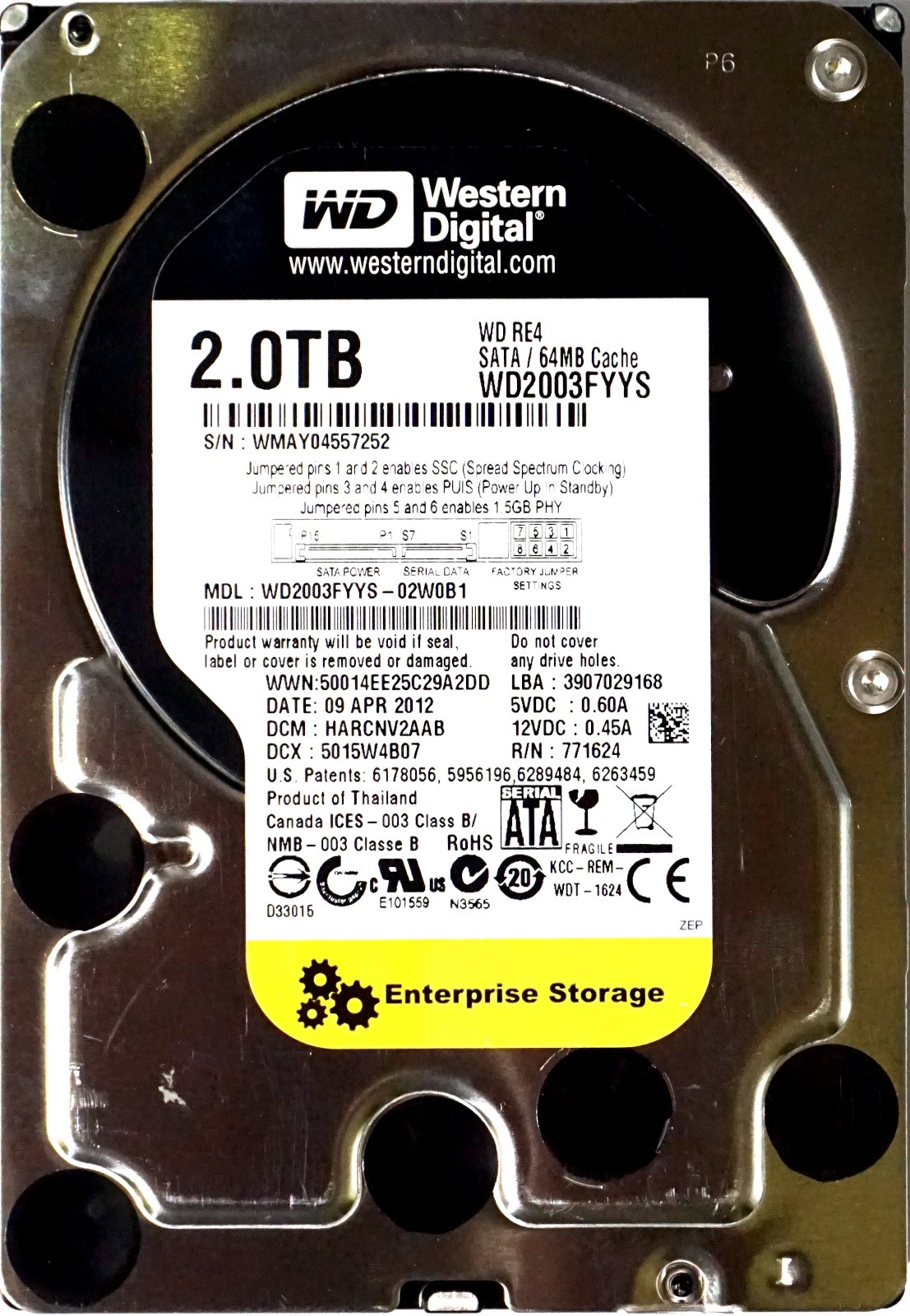 Disque Dur 2To SATA II 3.5 Western Digital RE4 WD2003FYYS 7200RPM