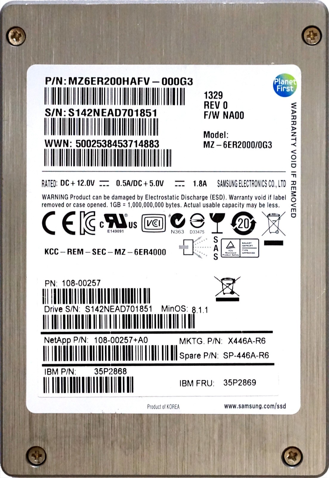 NetApp (108-00257+A0) 200GB Samsung SM1625 (2.5") SAS-2 6Gbps eMLC SSD