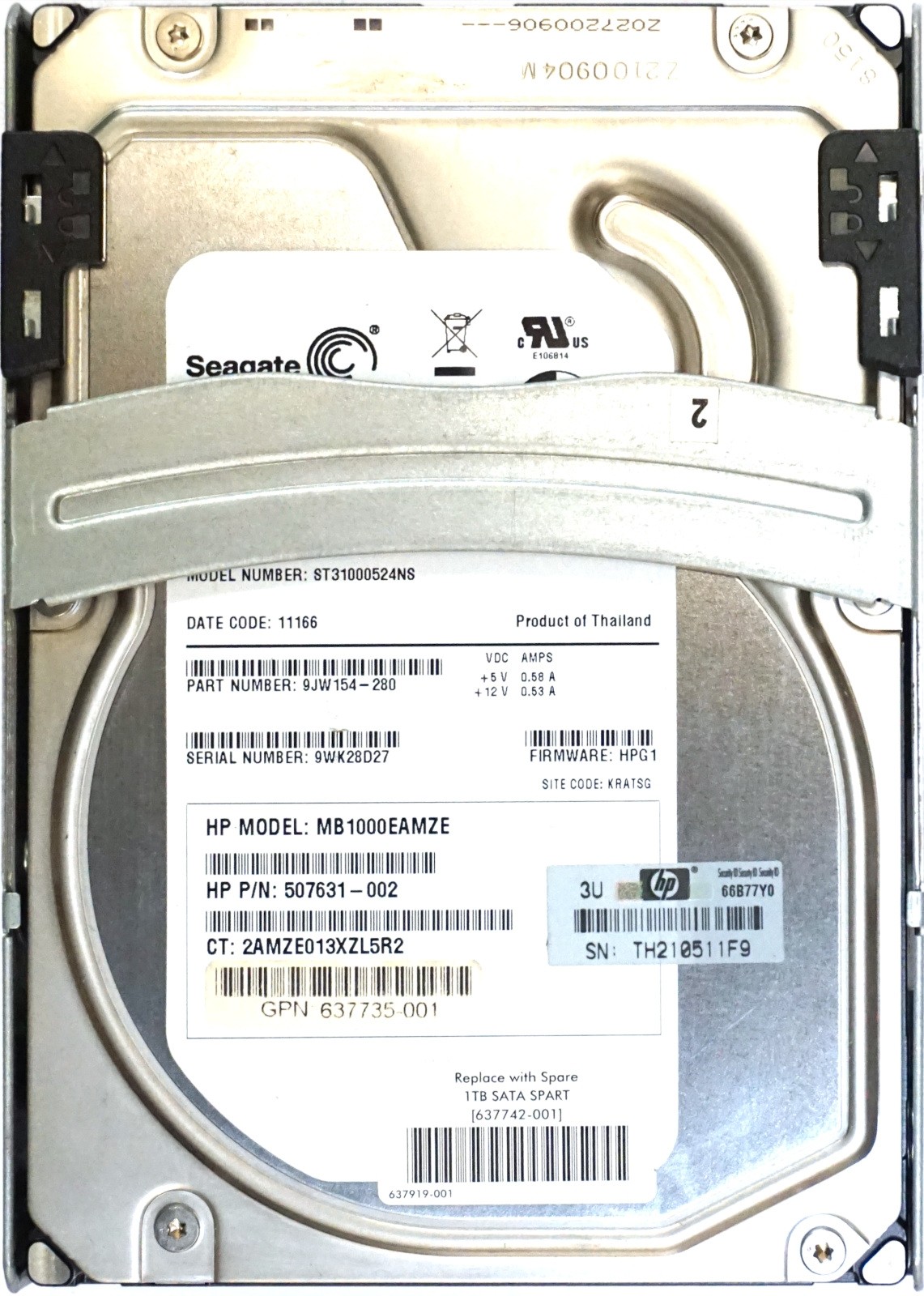 HP (507631-002) 1TB (3.5") SATA-II 3Gbps 7.2K 3Gbps HDD in Quick Release Caddy
