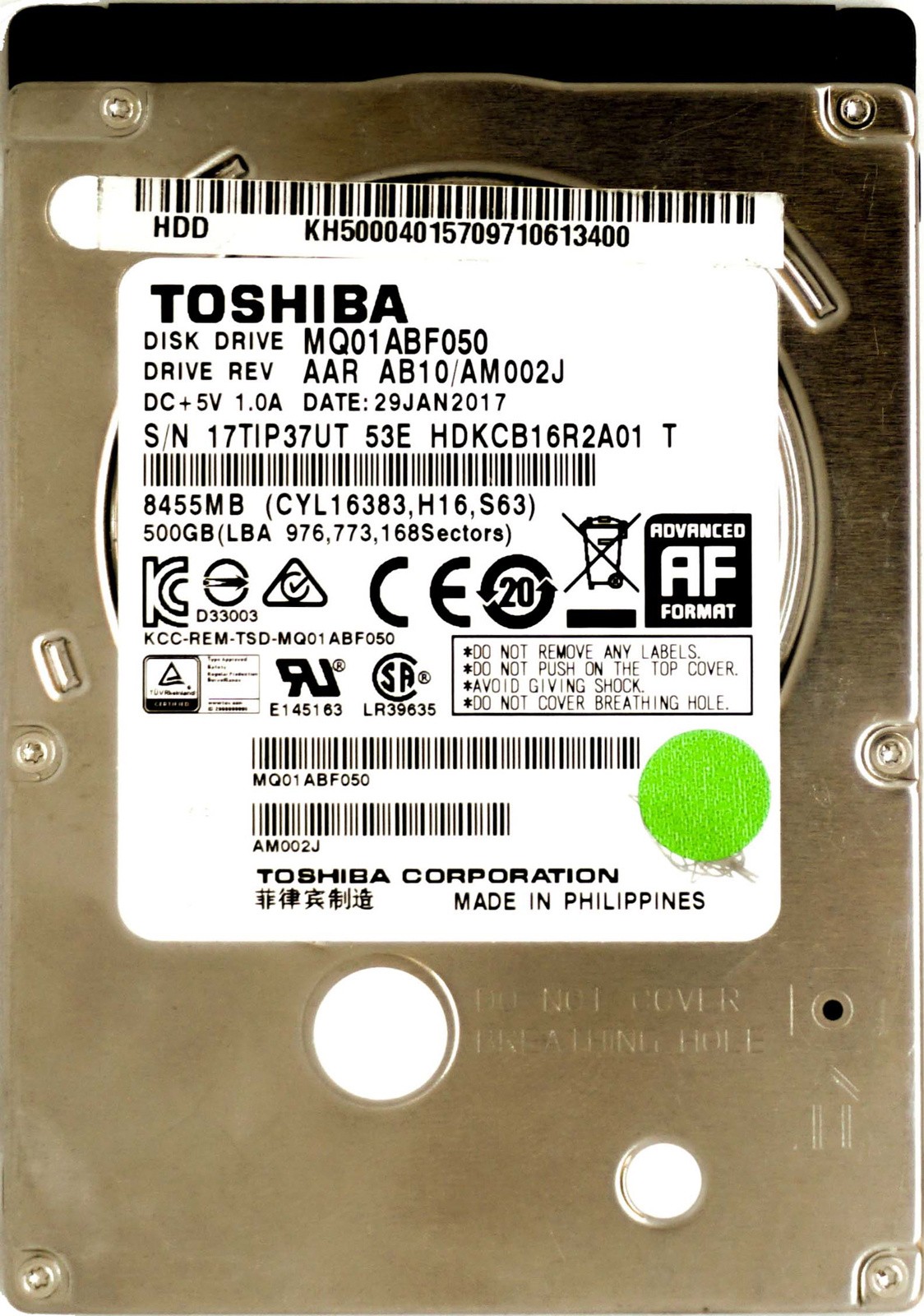 Toshiba (MQ01ABF050) 500GB SATA II (SFF) 3Gb/s 5.4K HDD