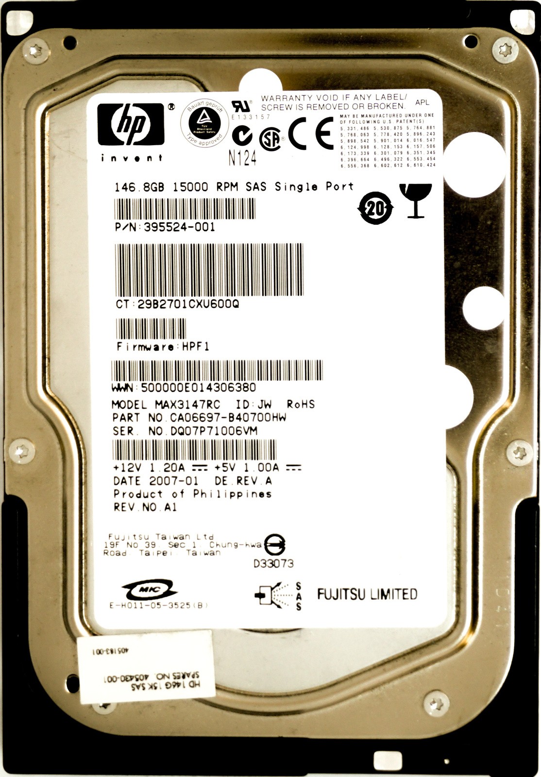 HP (395524-001) 146GB SAS-1 (LFF) 3Gb/s 15K HDD