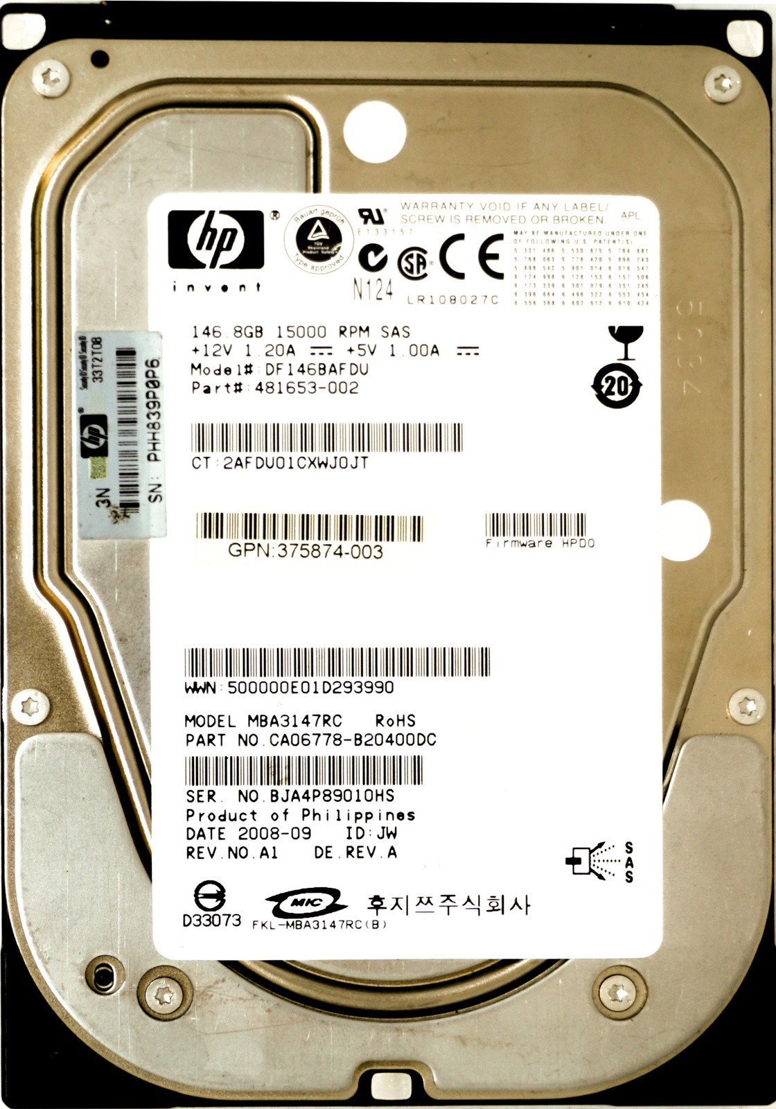 HP (481653-002) 146GB SAS-1 (LFF) 3Gb/s 15K HDD
