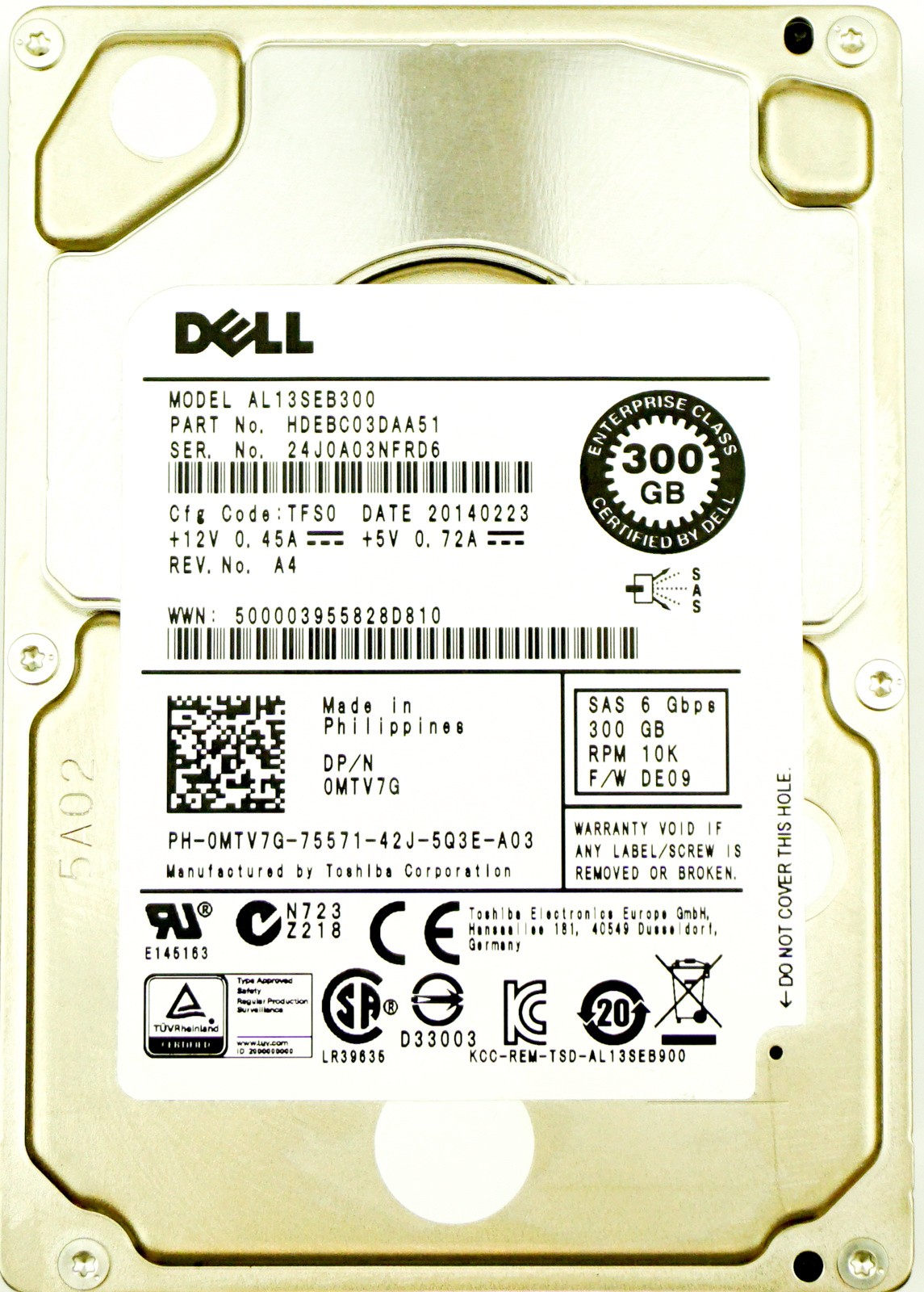 Dell (MTV7G) 300GB SAS-2 (SFF) 6Gb/s 10K HDD