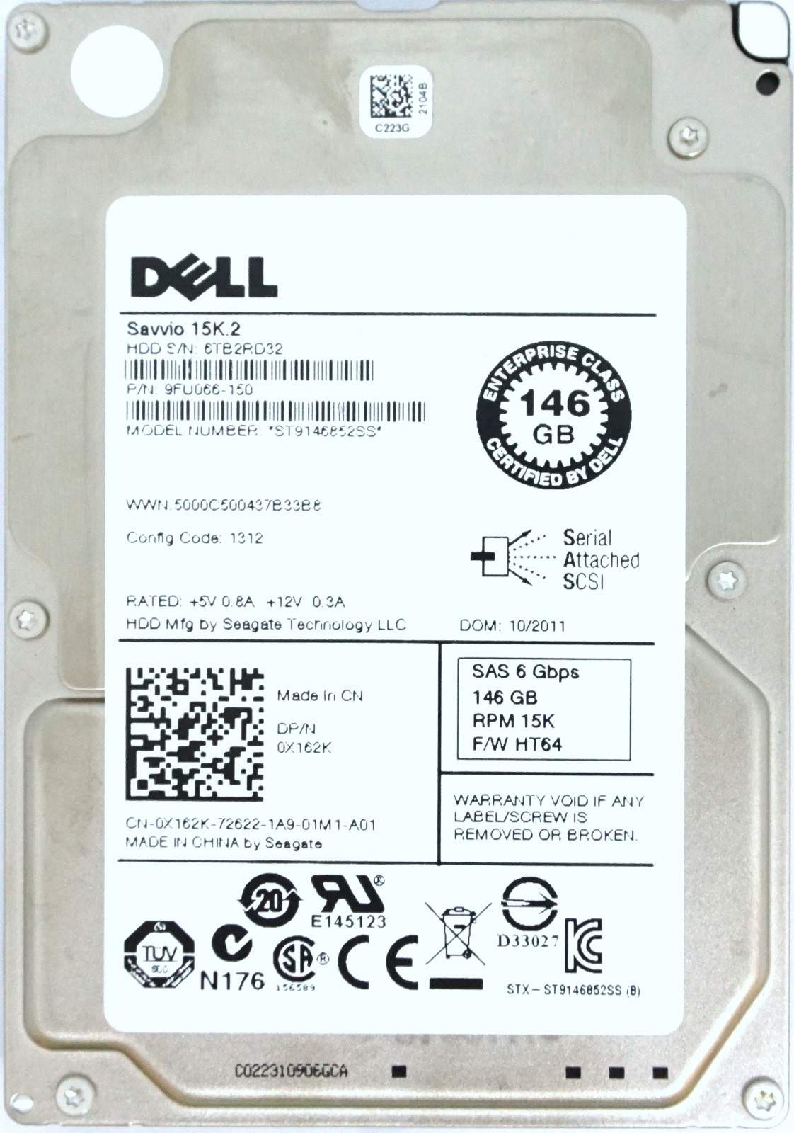 Dell (X162K) 146GB SAS-2 (SFF) 6Gb/s 15K HDD