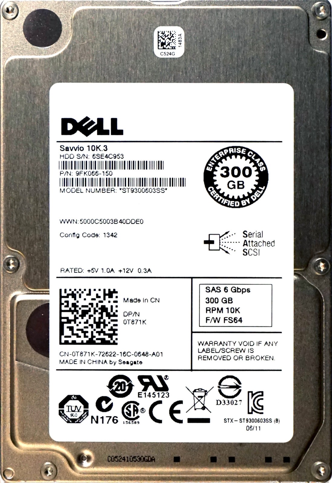 Dell (T871K) 300GB SAS-2 (2.5") 6Gb/s 10K HDD