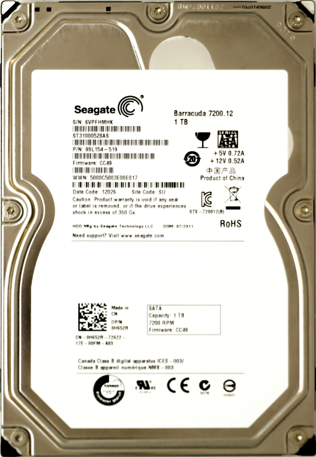 Dell (H652R) 1TB SATA II (LFF) 3Gb/s 7.2K HDD