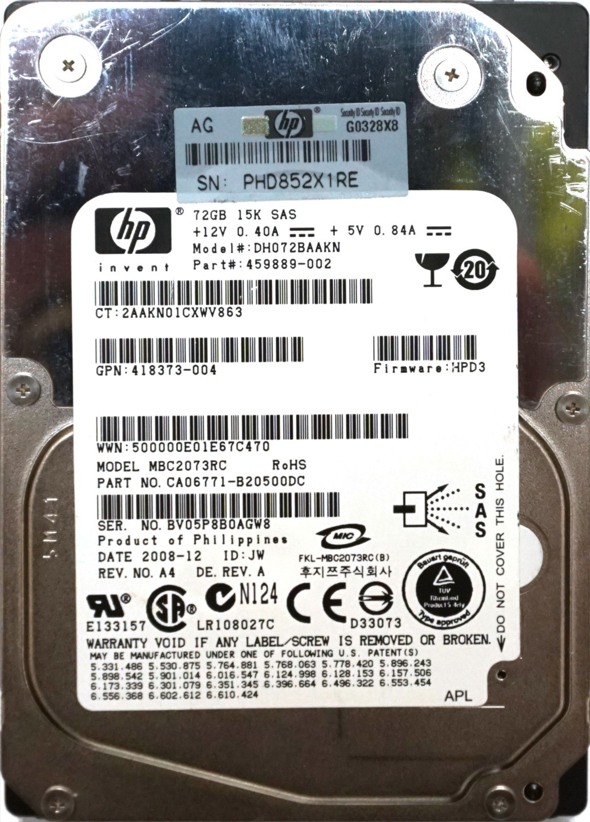 HP (459889-002) 72GB SAS (2.5") 3Gb/s 15K HDD