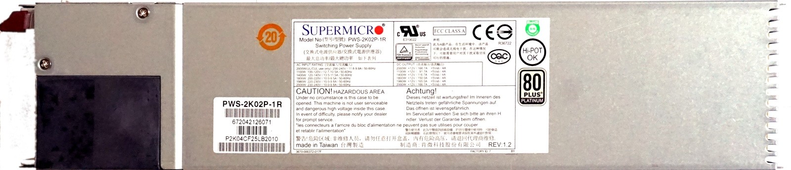 SuperMicro (PWS-2K02P-1R) 2000W 'Platinum' Hot-Swap PSU