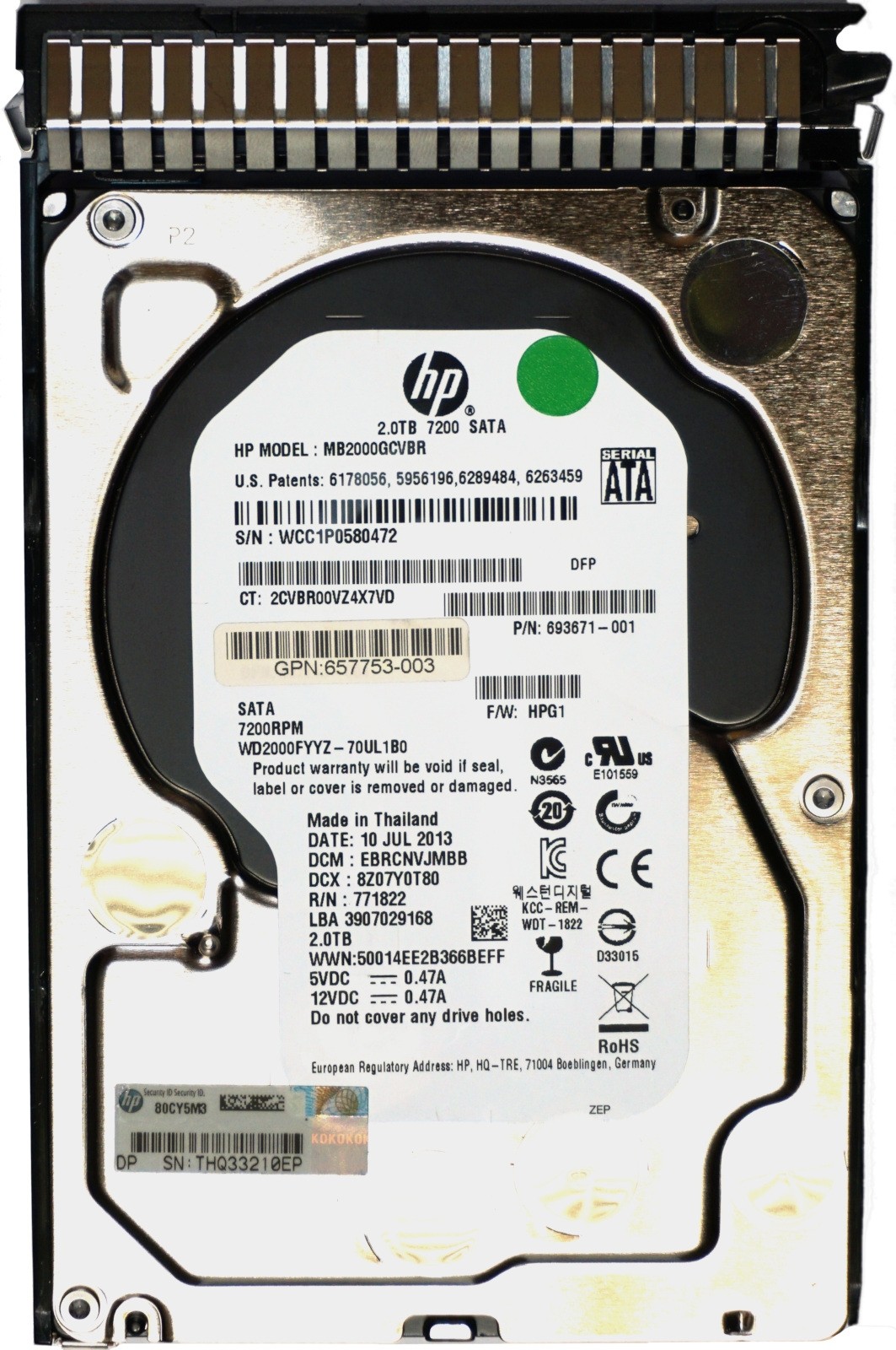 HP (693671-001) 2TB Midline SATA (3.5") 6Gbps 7.2K HDD in Gen8 Hot-Swap Caddy