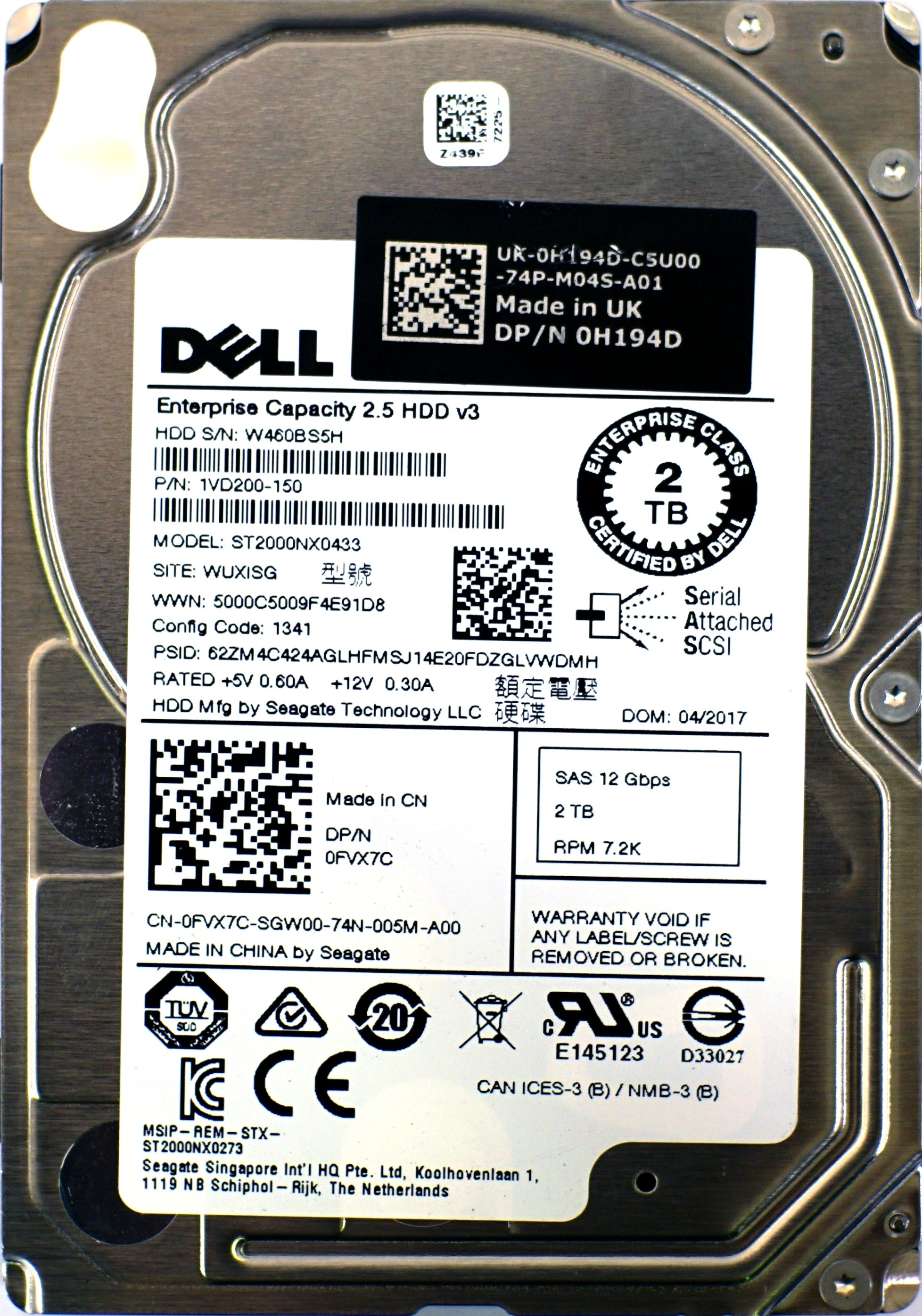 Dell (FVX7C) 2TB SAS-3 (SFF) 12Gbps 7.2K HDD