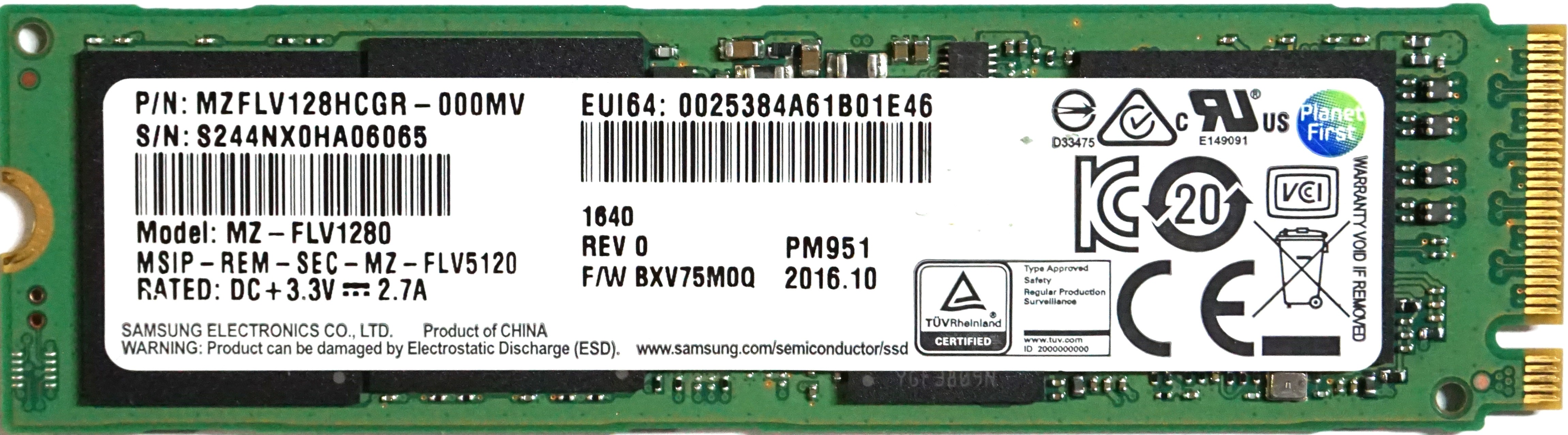 Samsung (MZFLV128HCGR) 128GB P951 M.2 2280 NVMe NAND SSD
