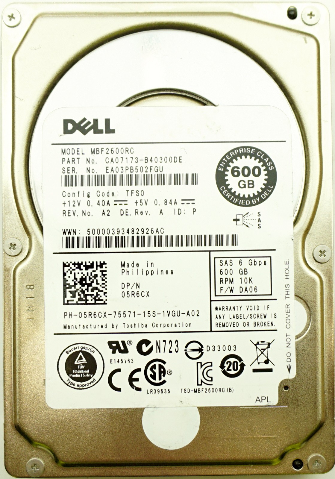 Dell (5R6CX) 600GB SAS-2 (SFF) 6Gb/s 10K HDD