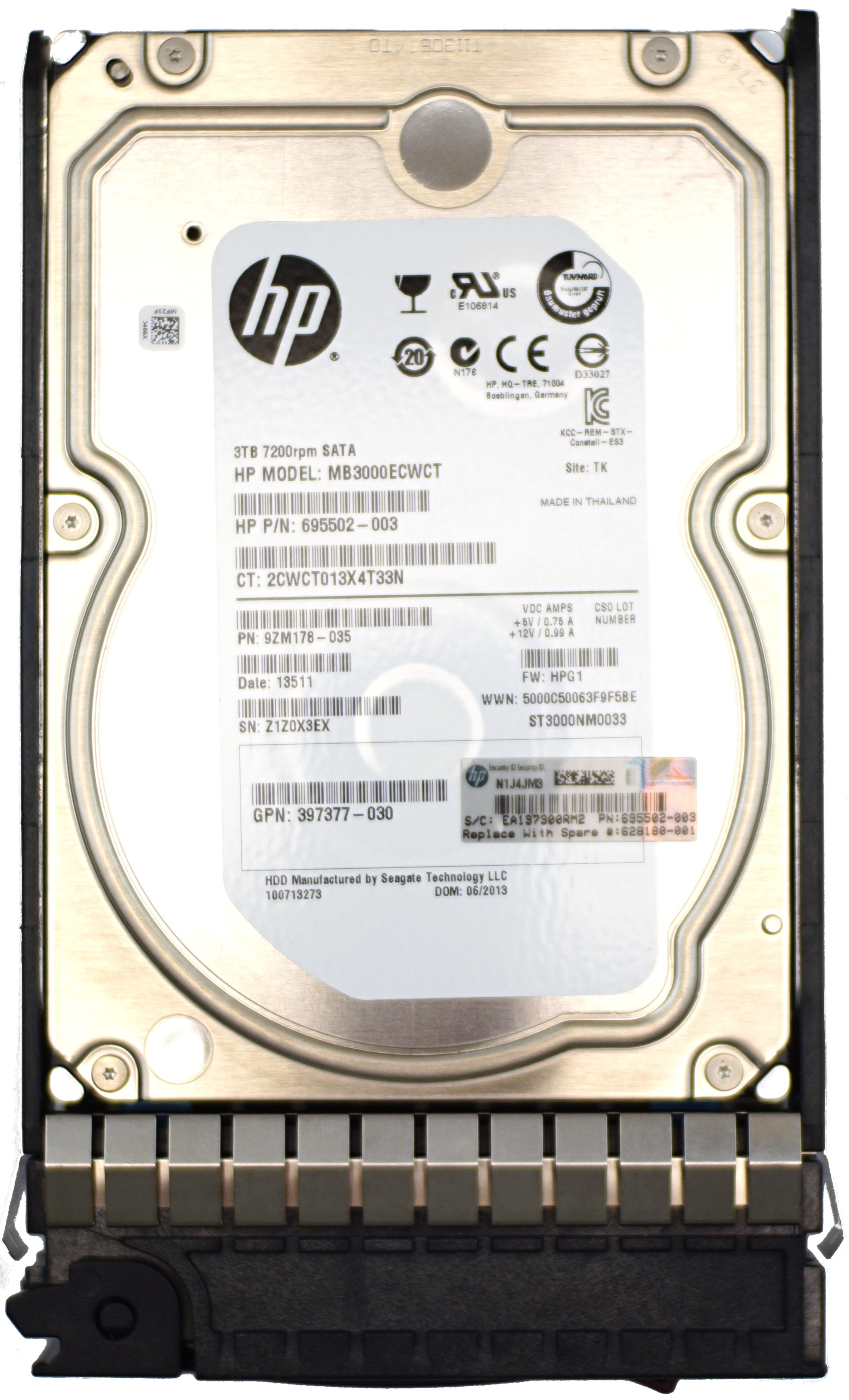HP (695502-003) 3TB SATA (3.5") 3Gb/s 7.2K HDD in G5/G6/G7 Hot-Swap Caddy