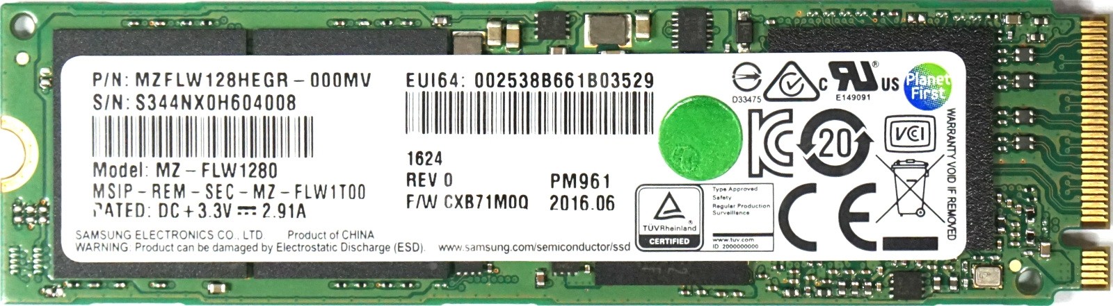 Samsung (MZFLW128HEGR) 128GB P961 M.2 2280 NVMe MLC SSD