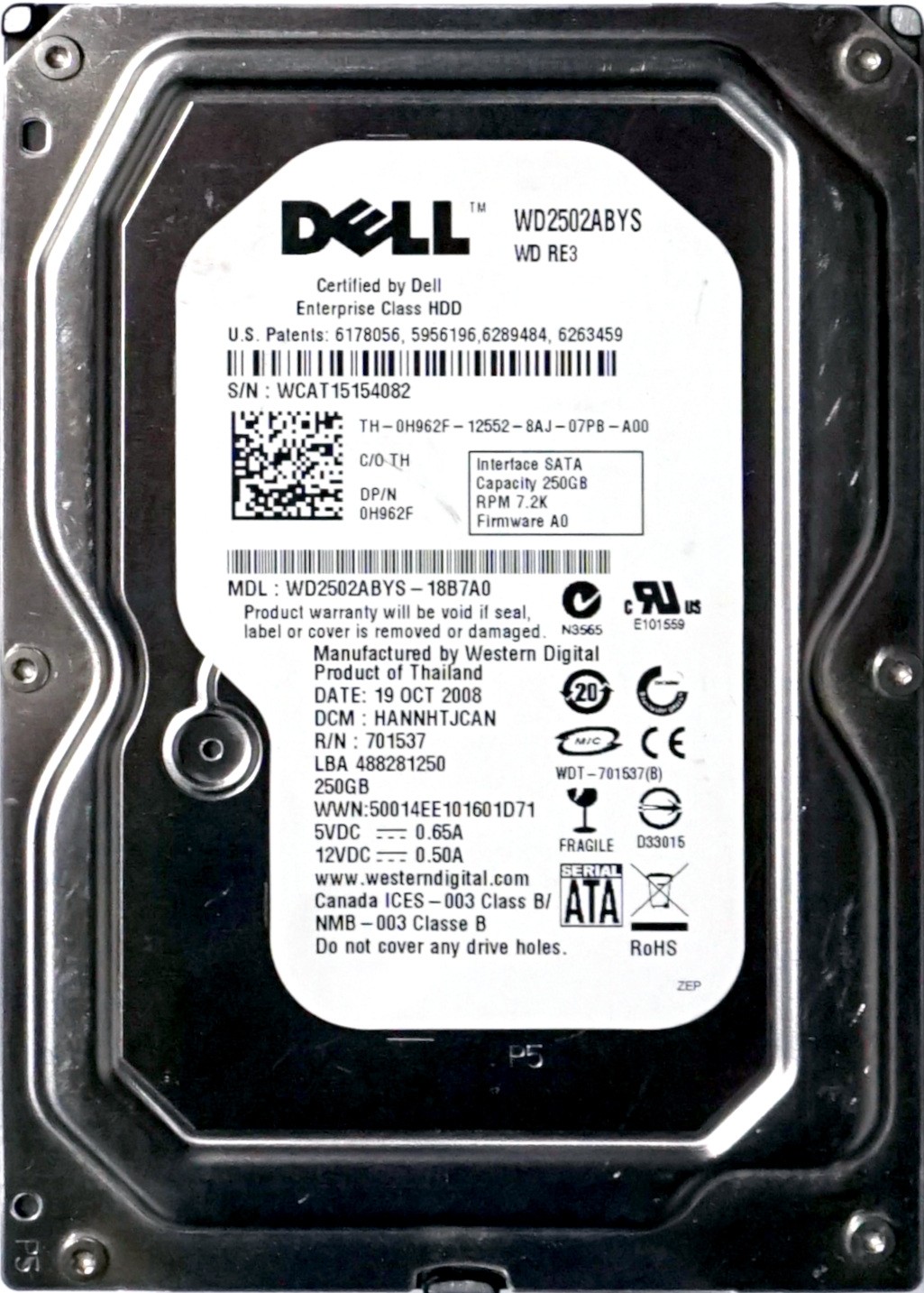 Dell (H962F) 250GB SATA (3.5") 3Gb/s 7.2K HDD