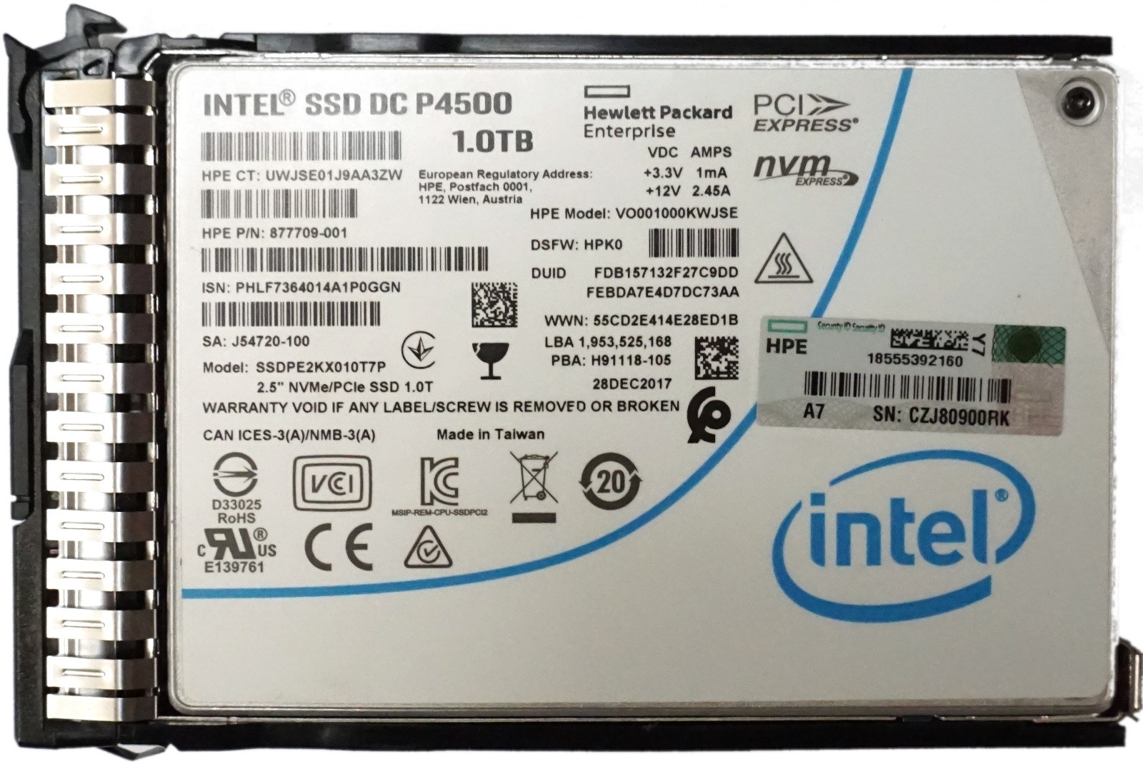 HP (877709-001) - 1TB Value Endurance (2.5") U.2 NVMe MLC SSD in Gen9/Gen10 Caddy