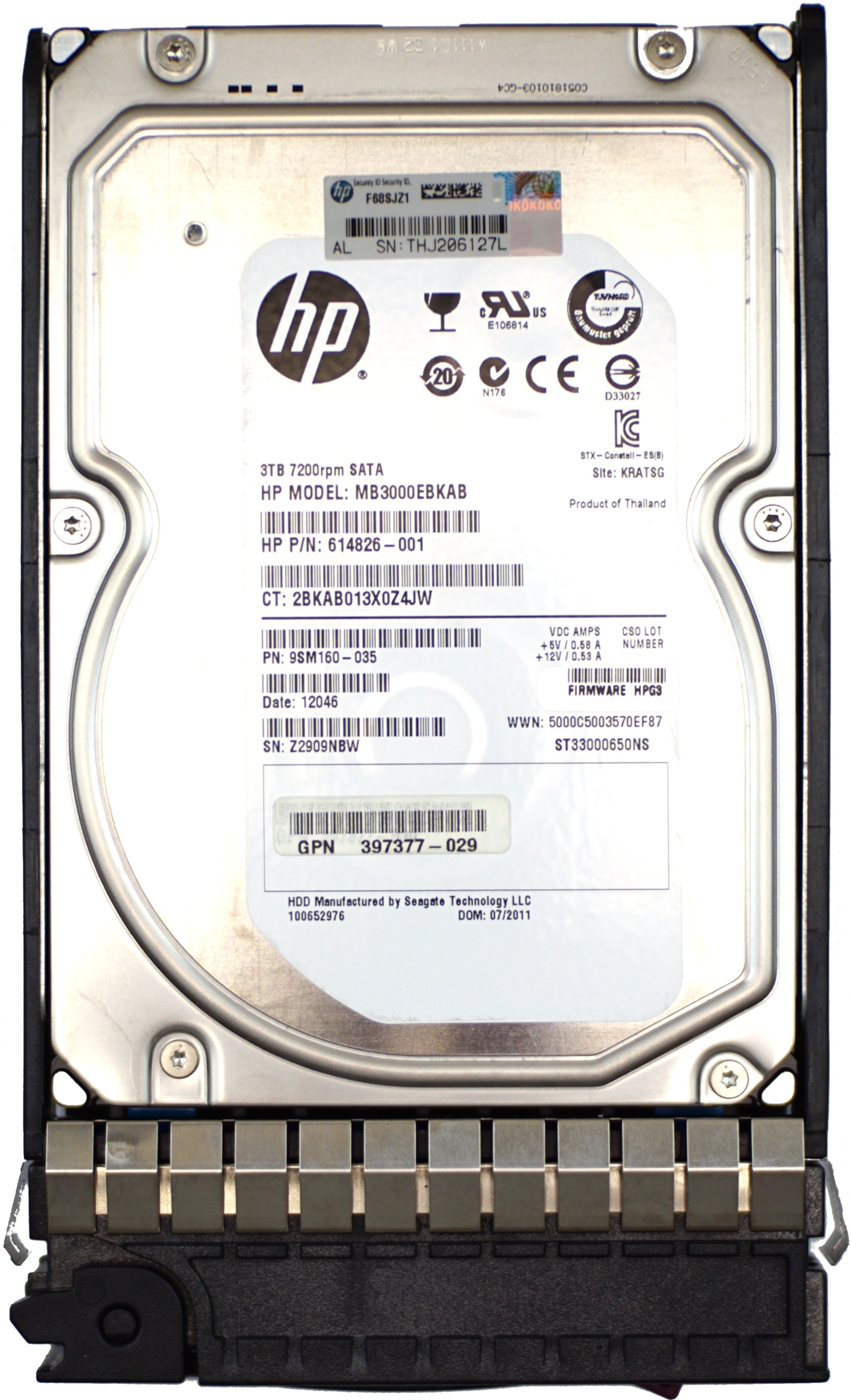 HP (614826-001) 3TB SATA II (LFF) 3Gb/s 7.2K HDD in G5/G6/G7 Hot-Swap Caddy