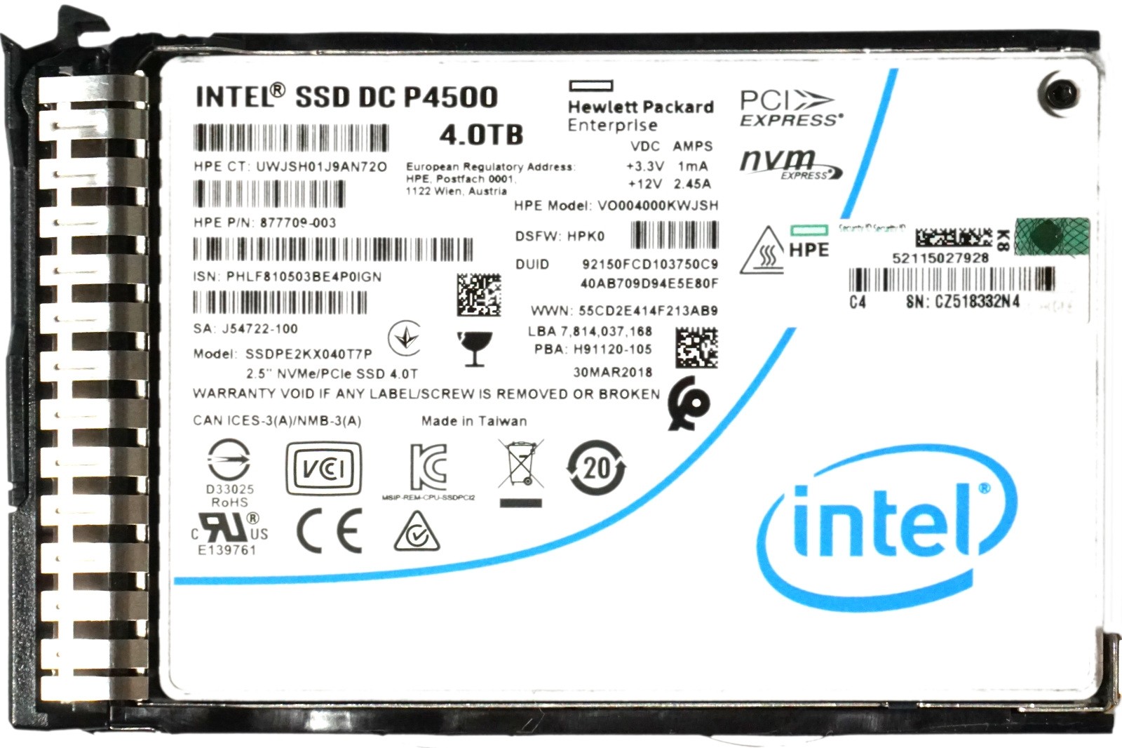 HP (877709-003) 4TB Read Intensive (2.5") U.2 NVMe TLC SSD in Gen9/Gen10 Caddy