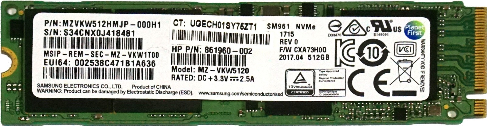 HP (861960-002) 512GB Samsung SM961 NVMe (M.2 2280) SSD