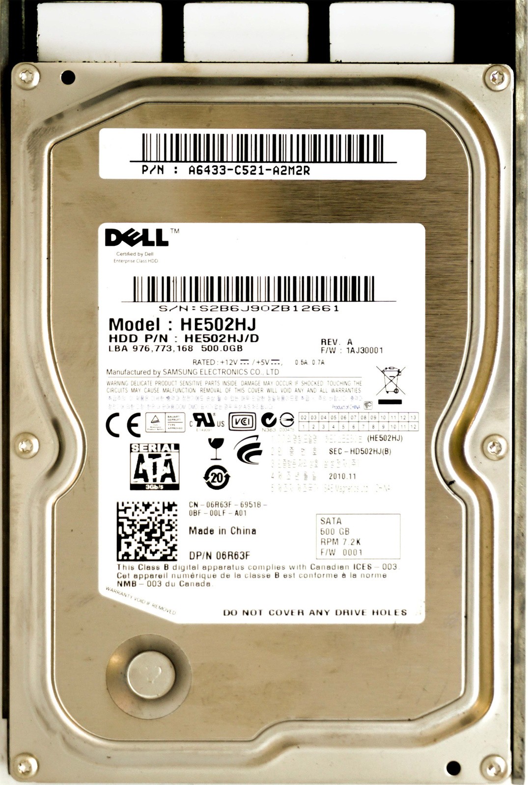 Dell (6R63F) 500GB SATA II (LFF) 3Gb/s 7.2K in 11G Hot-Swap Caddy