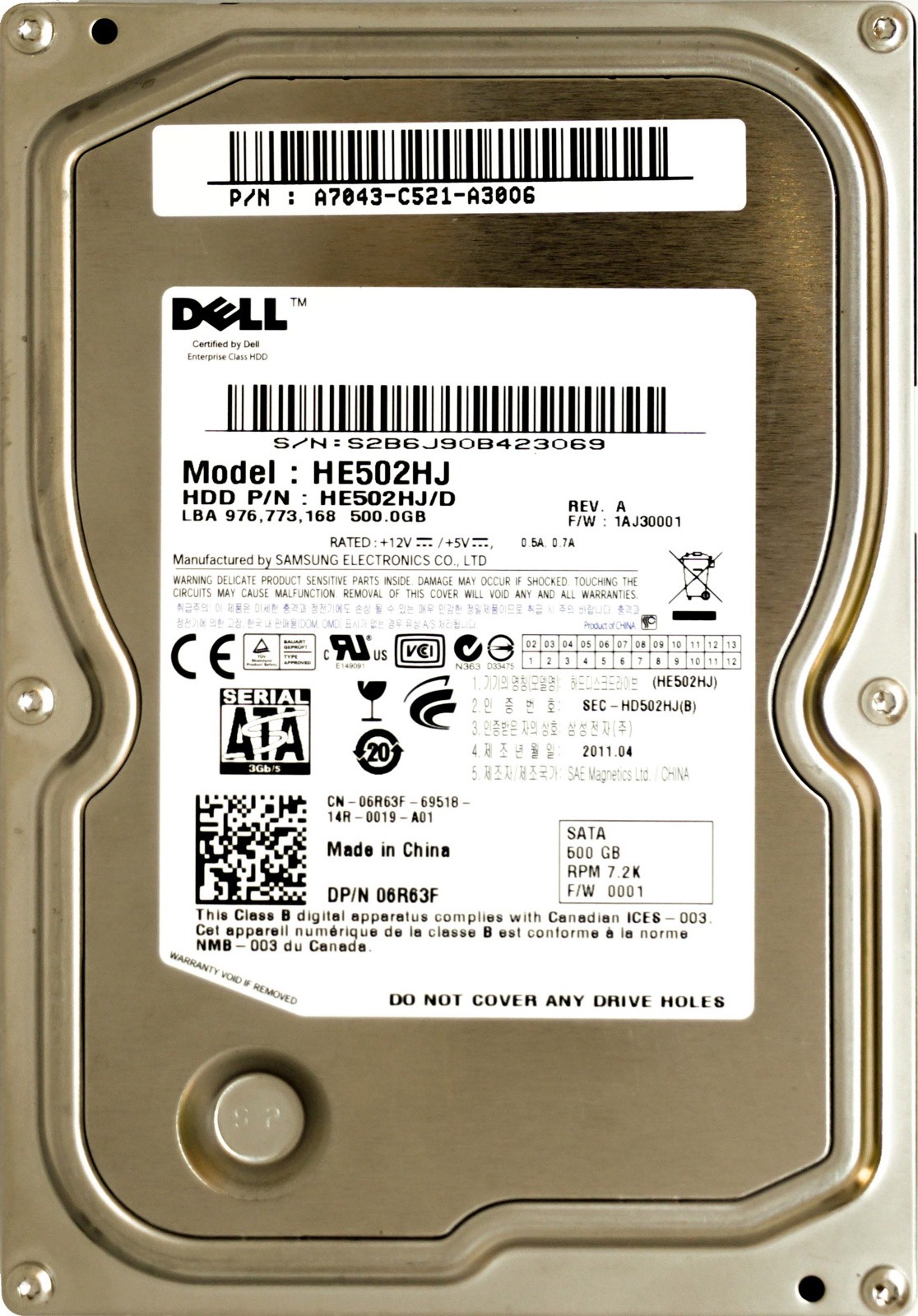 Dell (6R63F) 500GB SATA II (LFF) 3Gb/s 7.2K HDD