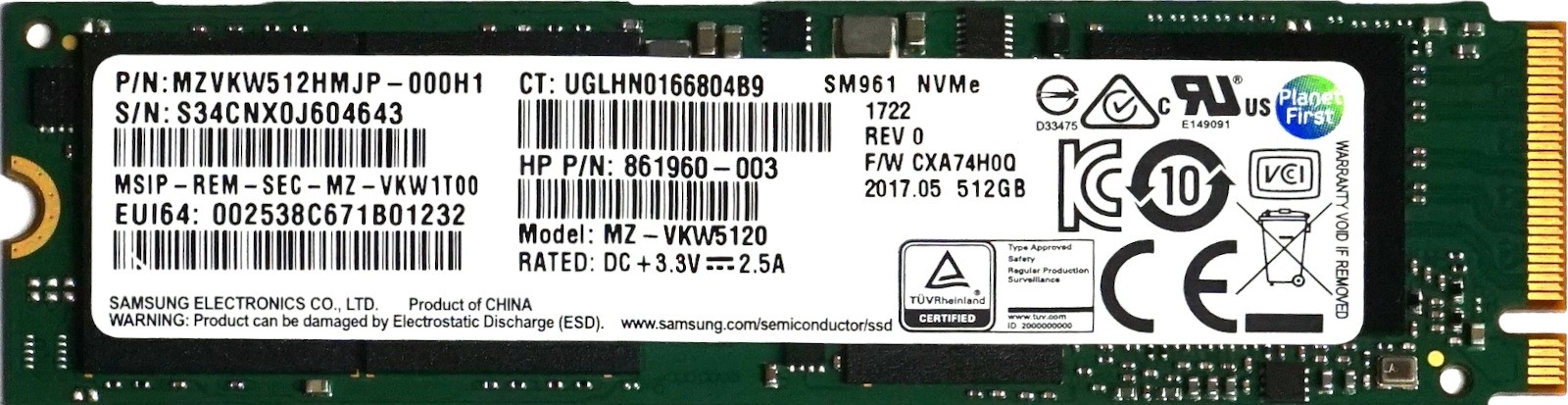 HP (861960-003) 512GB Samsung SM961 NVMe (M.2 2280) SSD