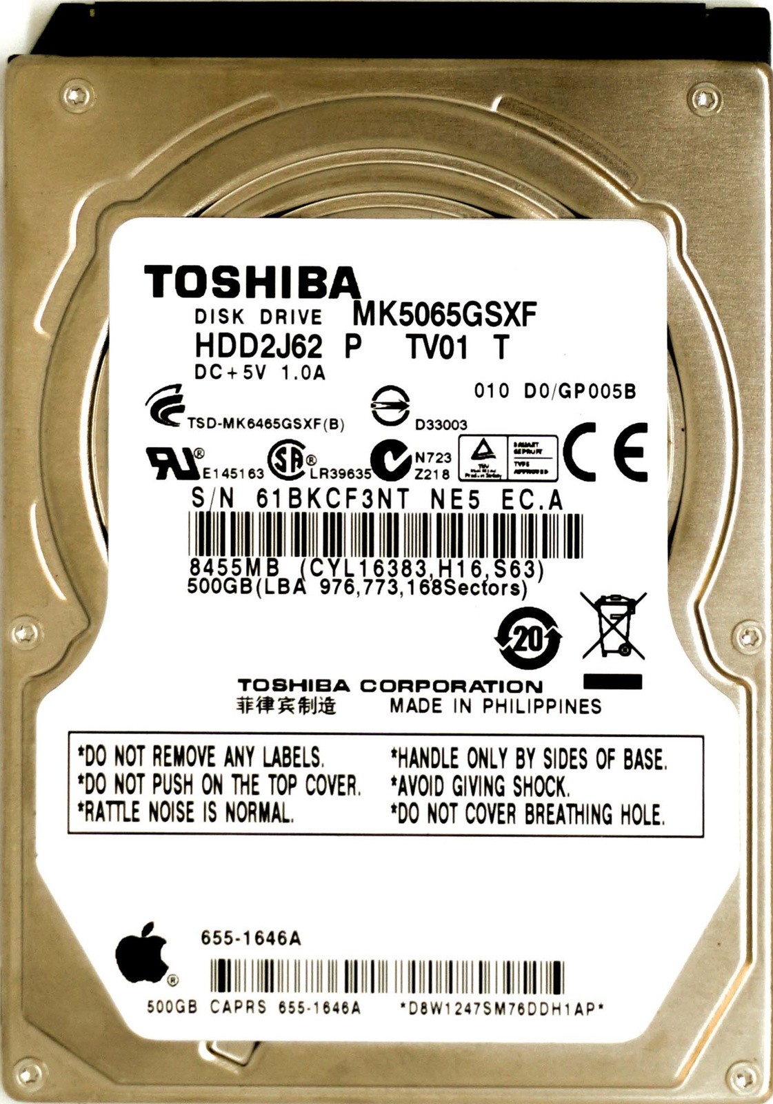 Toshiba (MK5065GSXF) 500GB SATA II (SFF) 3Gb/s 5.4K HDD