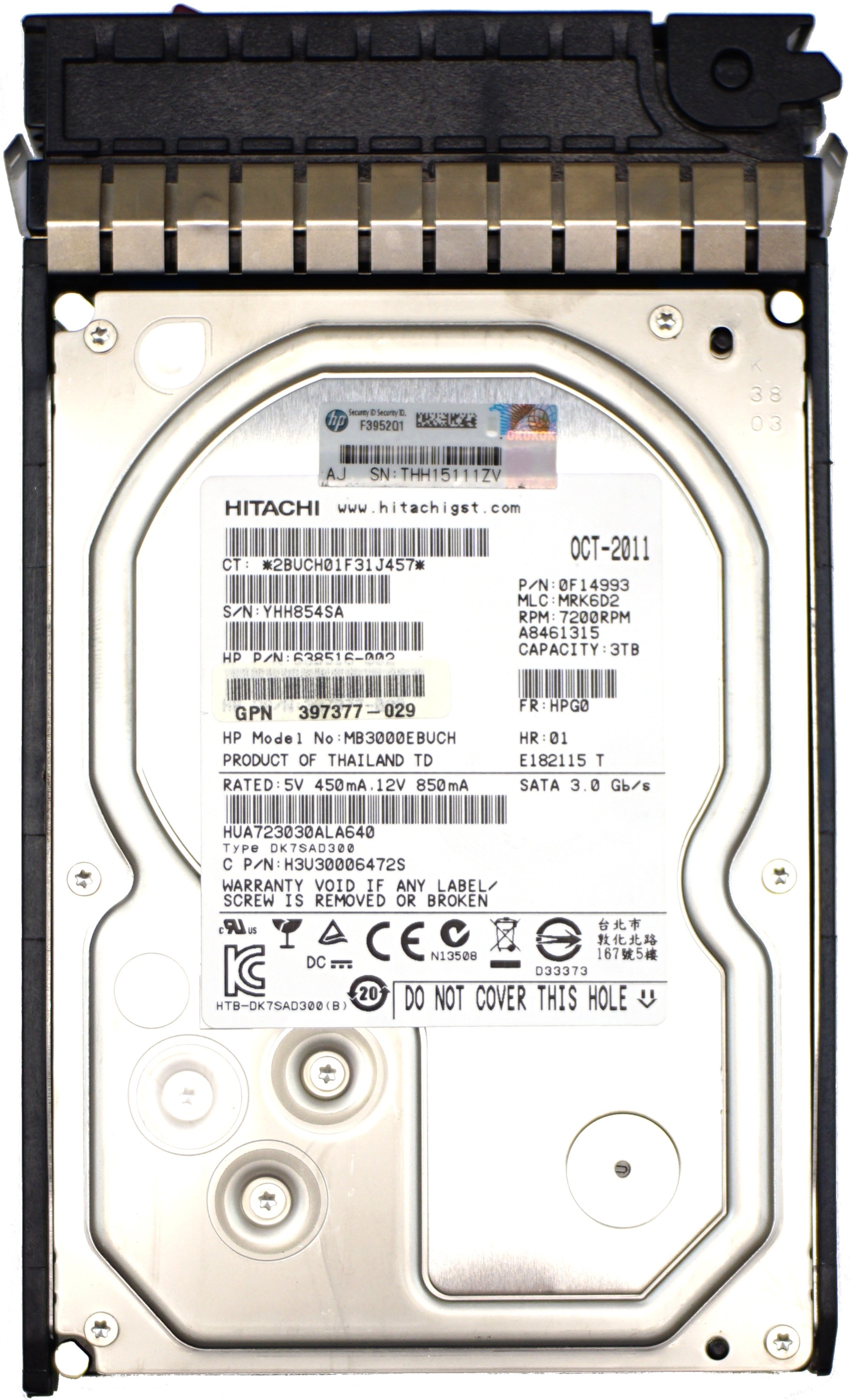 HP (638516-002) 3TB SATA (LFF) 3Gb/s 7.2K HDD in G5/G6/G7 Hot-Swap Caddy