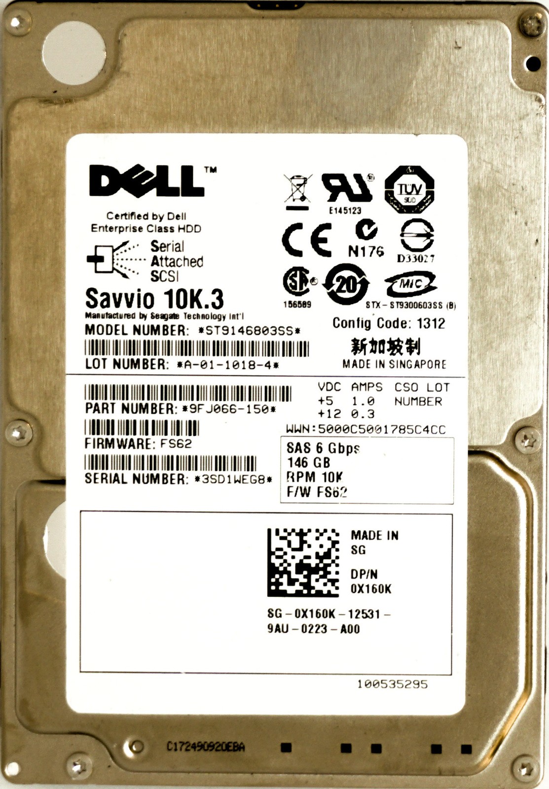 Dell (X160K) 146GB SAS-2 (SFF) 6Gb/s 10K in 11G Hot-Swap Caddy