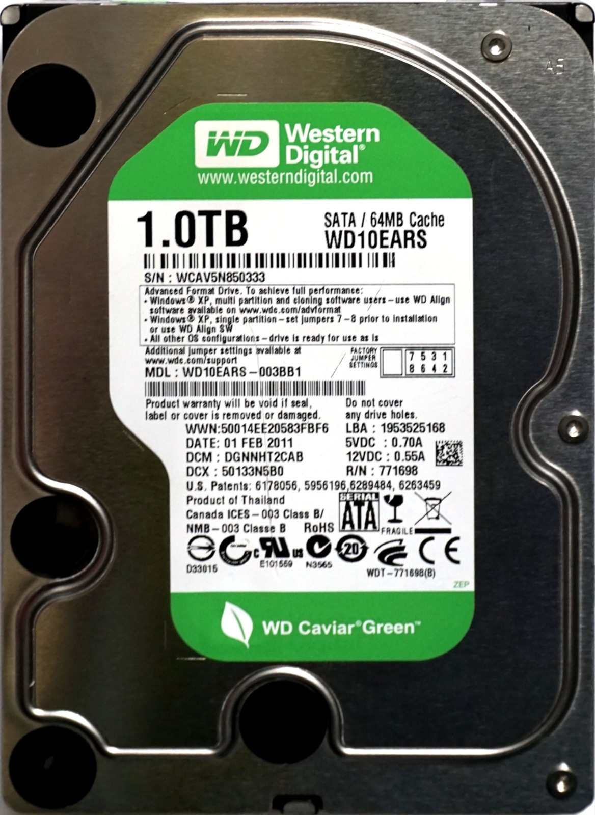 Western Digital (WD10EARS) 1TB SATA II (LFF) 3Gb/s 5.4K HDD