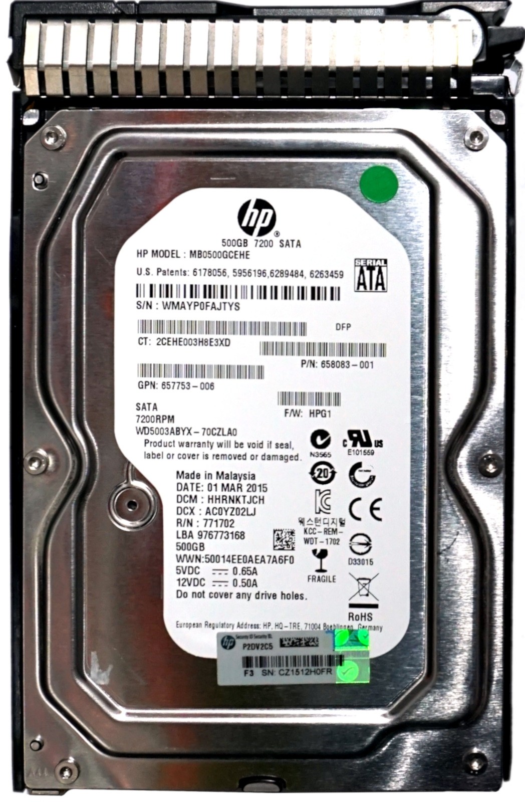 HP (658083-001) 500GB SATA III (3.5") 6Gb/s 7.2K HDD in Gen8 Hot-Swap Caddy