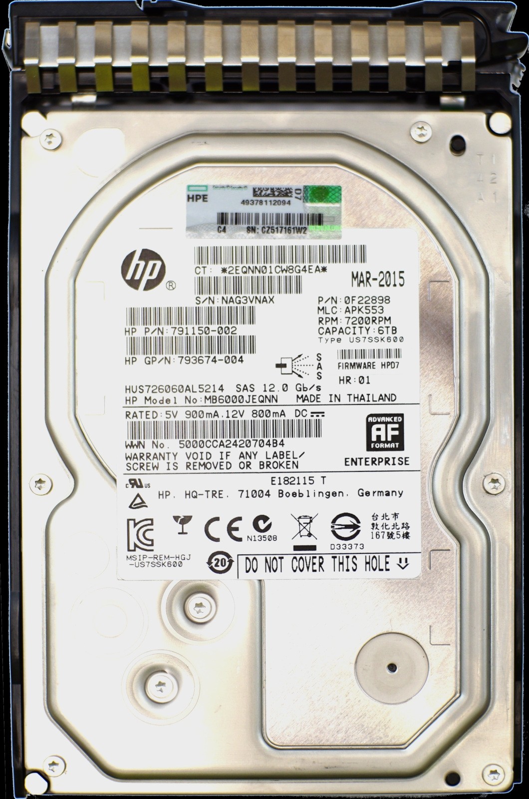 HP (791150-002) 6TB Midline SAS (3.5") 12Gb/s 7.2K HDD StoreVirtual 3000 Caddy