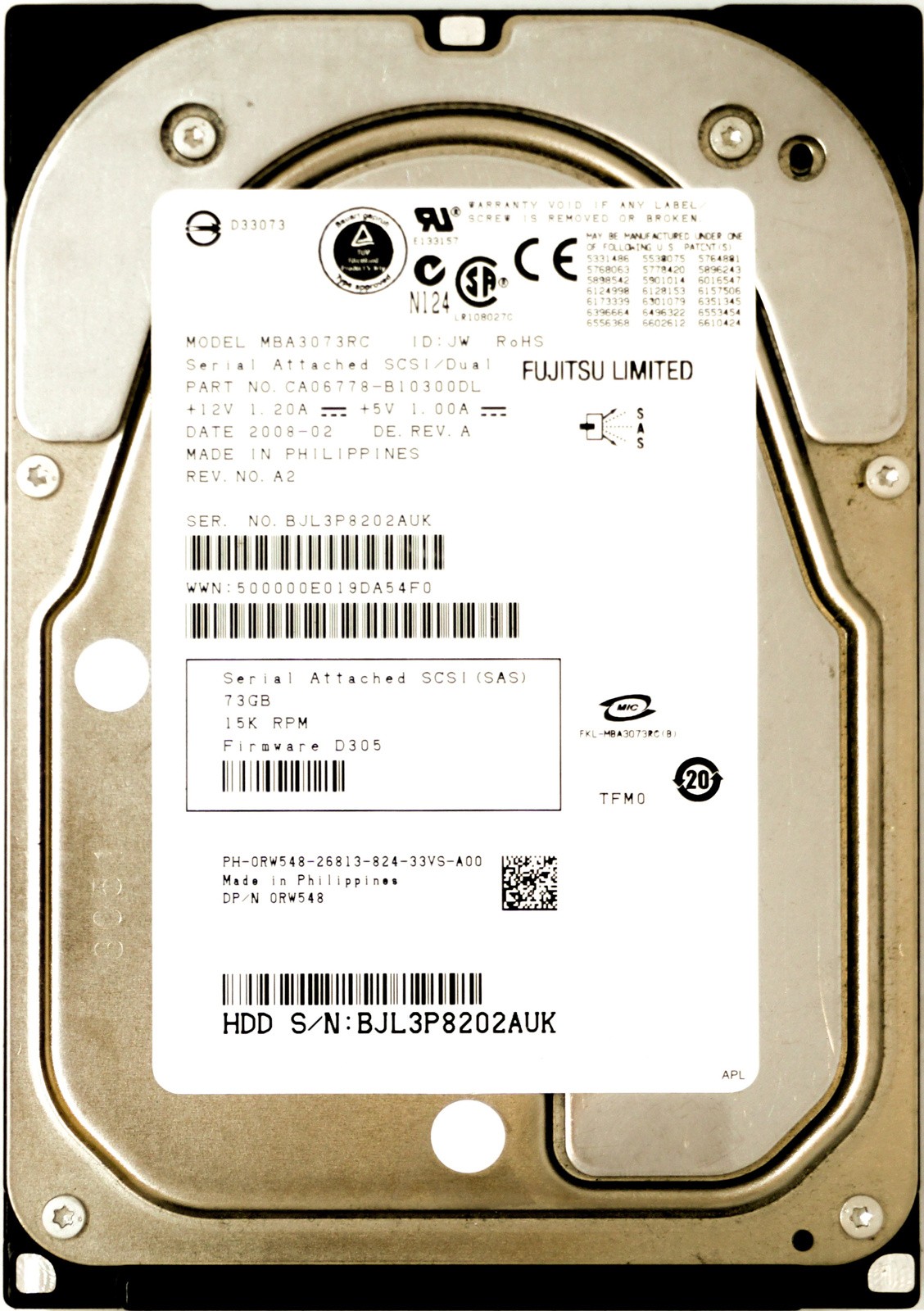 Dell (RW548) 73GB SAS-1 (LFF) 3Gb/s 15K HDD