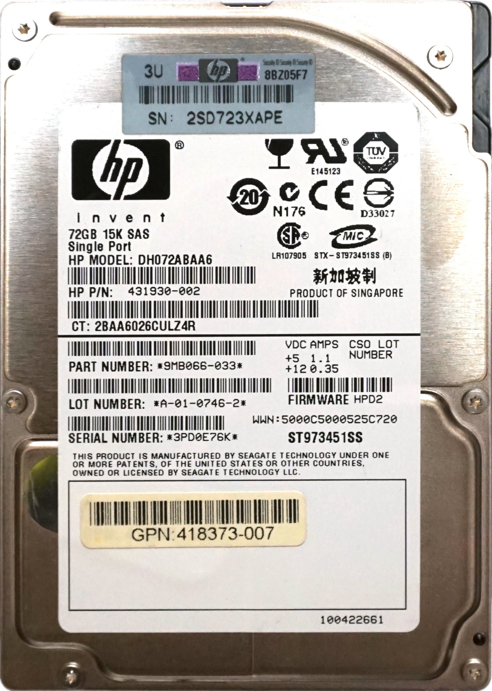 HP (431930-002) 72GB SAS (2.5") 3Gb/s 15K HDD