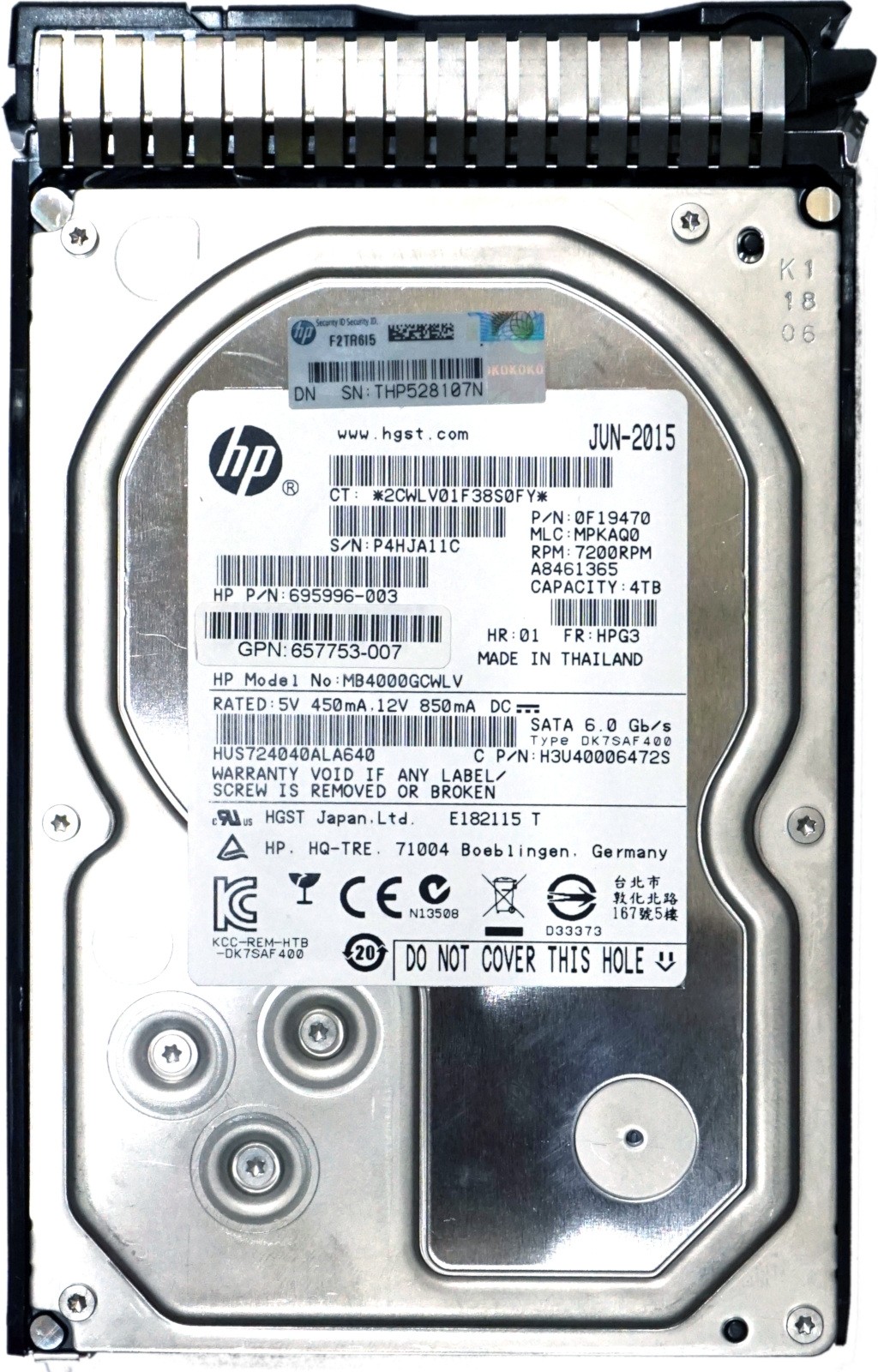 HP (695996-003) 4TB Midline SATA (3.5") 6Gb/s 7.2K HDD in Gen8 Hot-Swap Caddy
