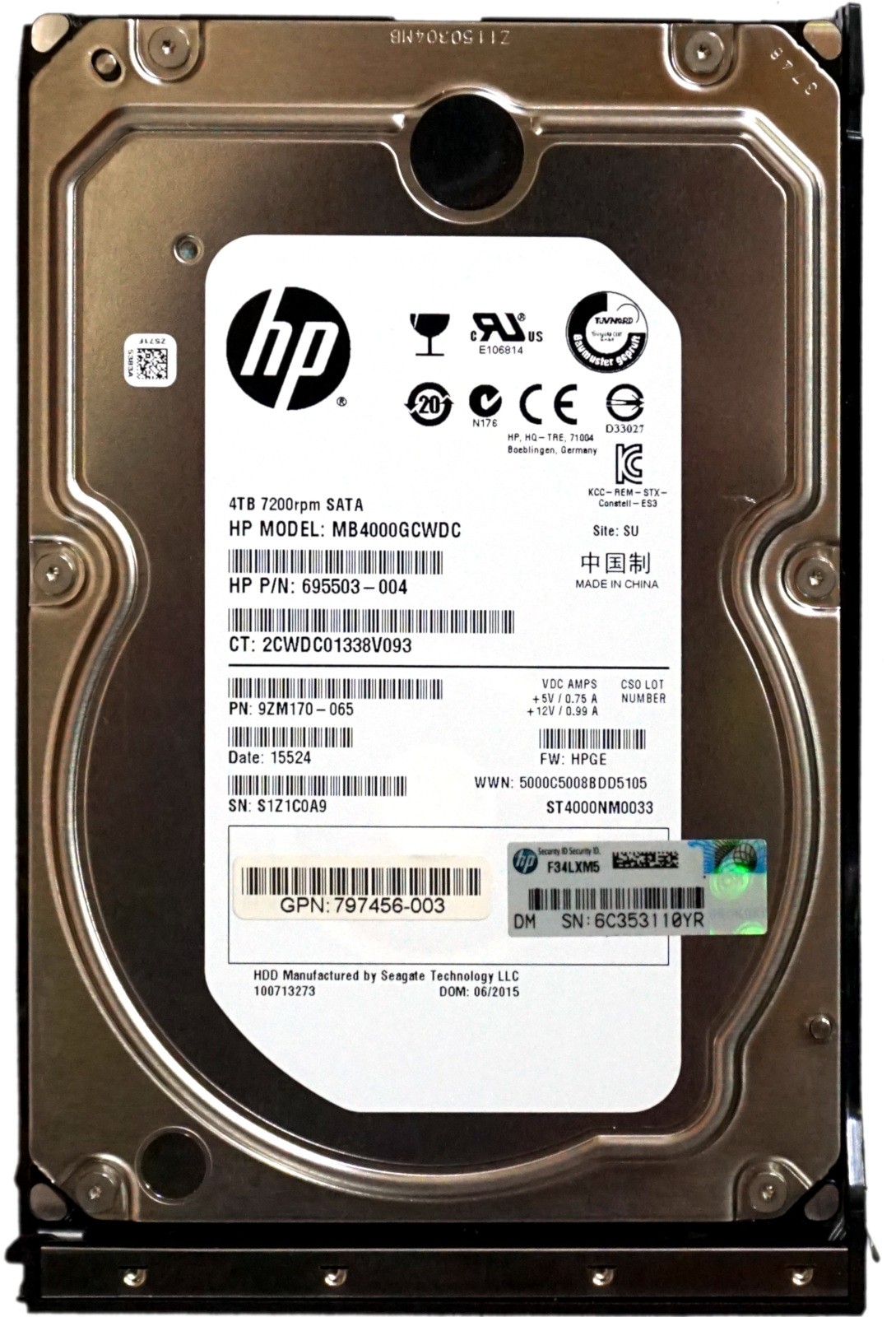 HP (695503-004) 4TB Midline SATA III (3.5") 6Gbps 7.2K HDD in Gen9 Caddy