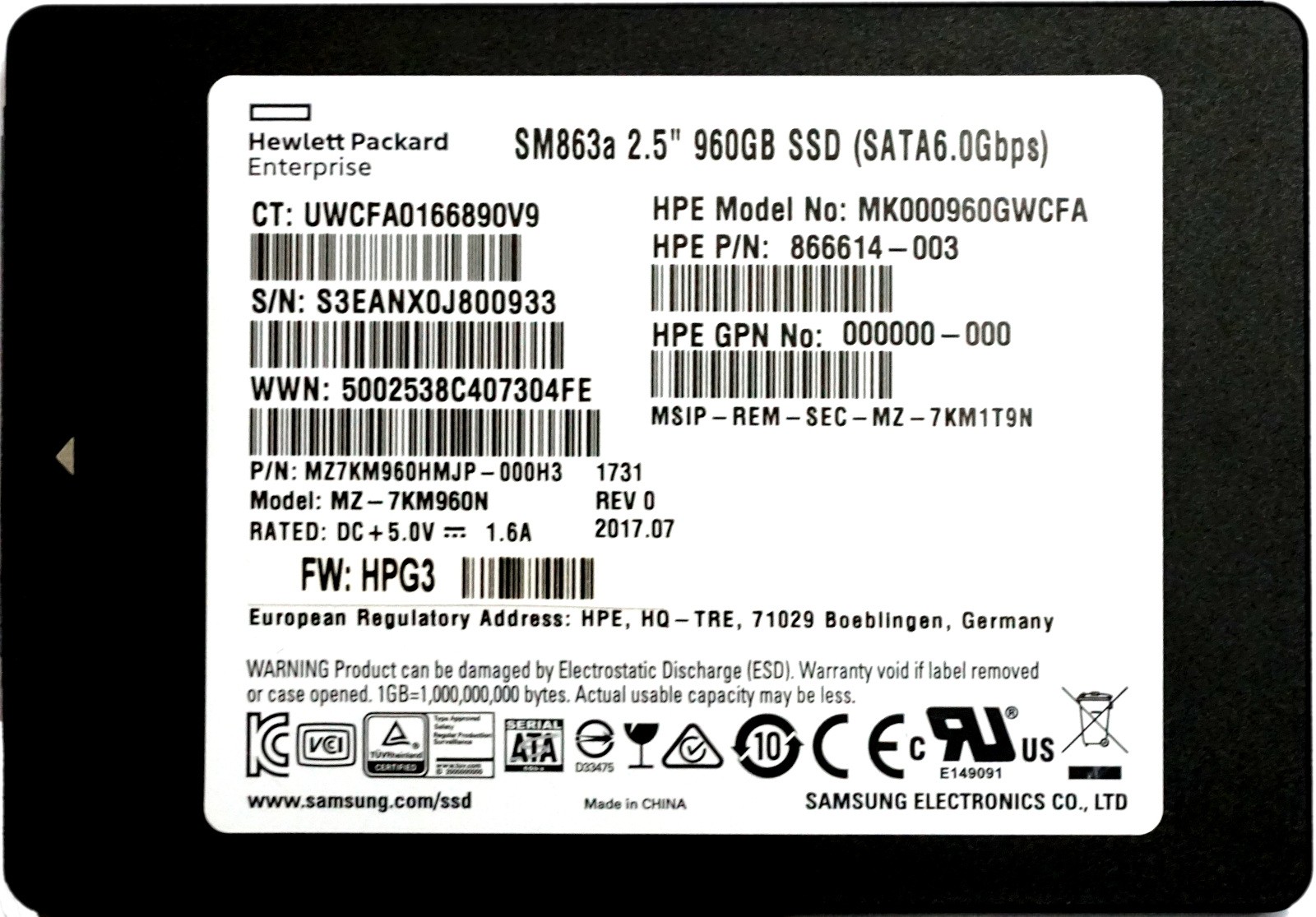 HP (866614-003) 960GB Mixed Use SATA (2.5") 6Gbps MLC SSD