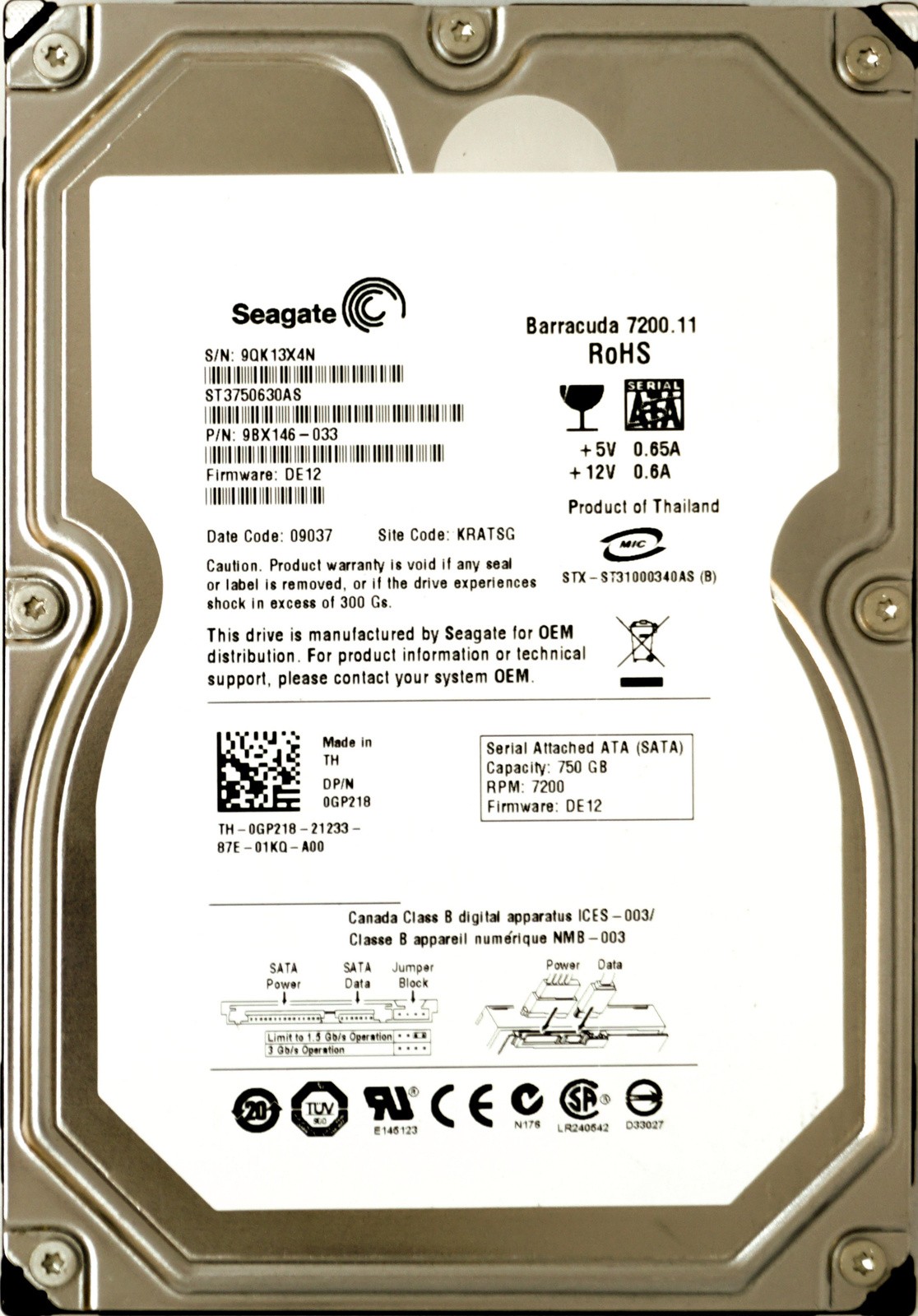 Dell (GP218) 750GB SATA II (LFF) 3Gb/s 7.2K HDD