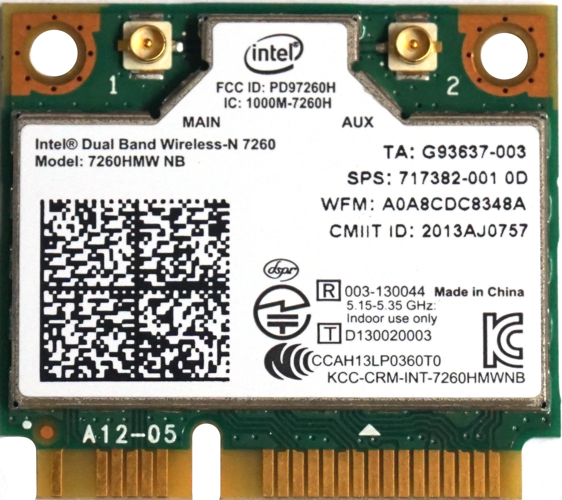 HP Intel Dual Band 7260HMW-NB Mini PCie WiFi-ABGN Card