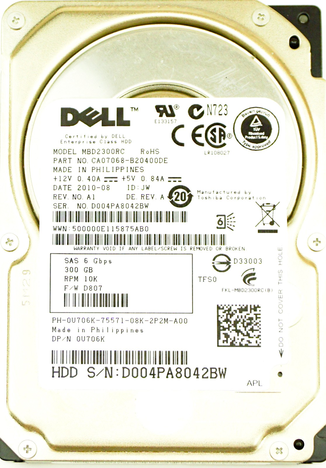 Dell (U706K) 300GB SAS-2 (SFF) 6Gb/s 10K HDD