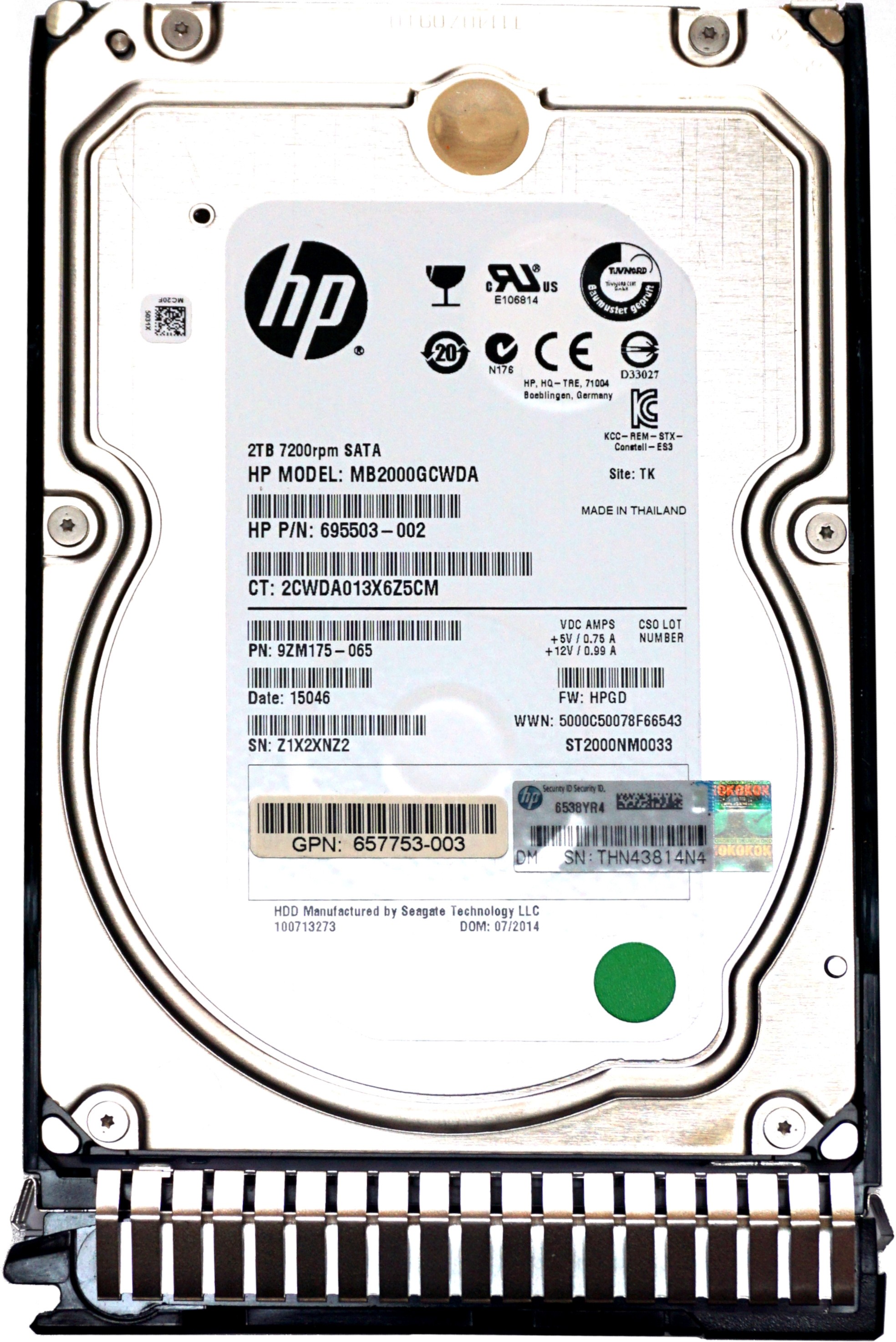 HP (695503-002) 2TB Midline SATA (3.5") 6Gbps 7.2K HDD in Gen8 Hot-Swap Caddy