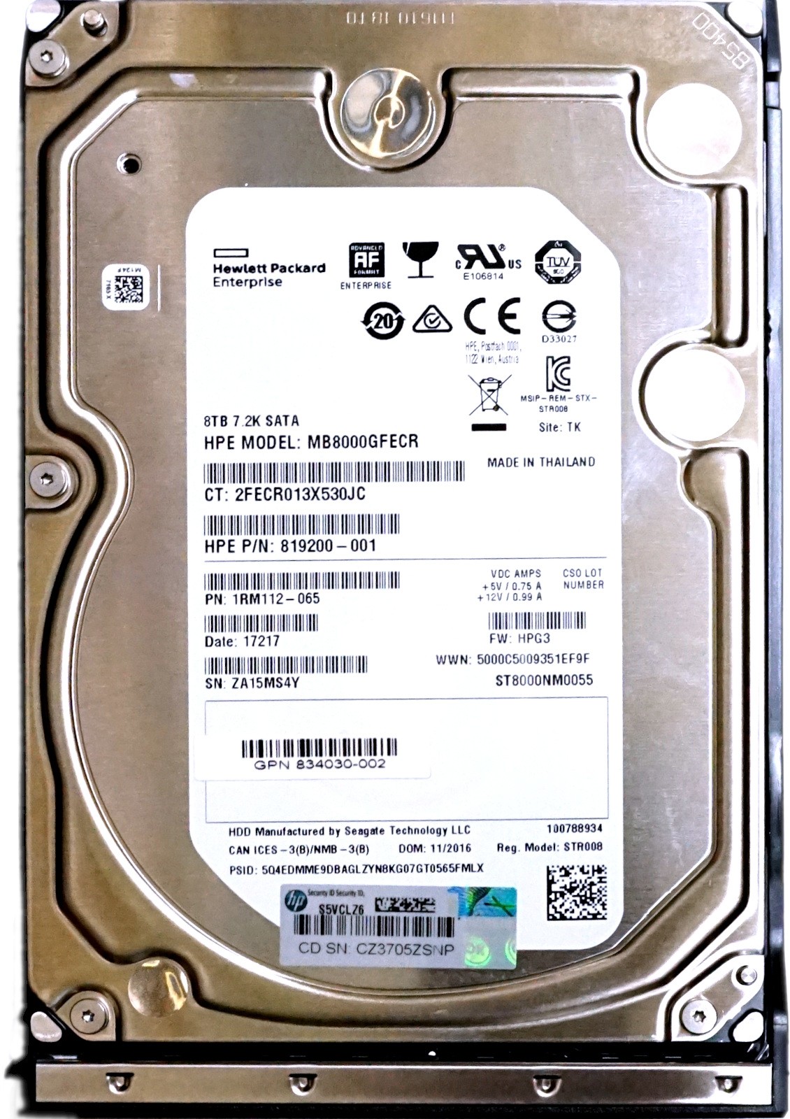 HP (819200-001) 8TB Midline SATA III (3.5") 6Gbps HDD in StoreVirtual 3000 Caddy