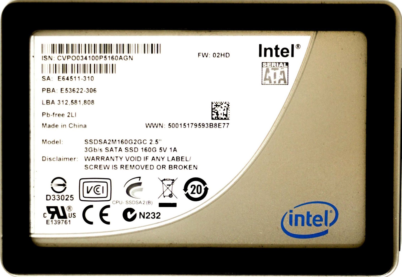 Intel (SSDSA2M160G2GC) 160GB SATA II (SFF) 3Gb/s SSD
