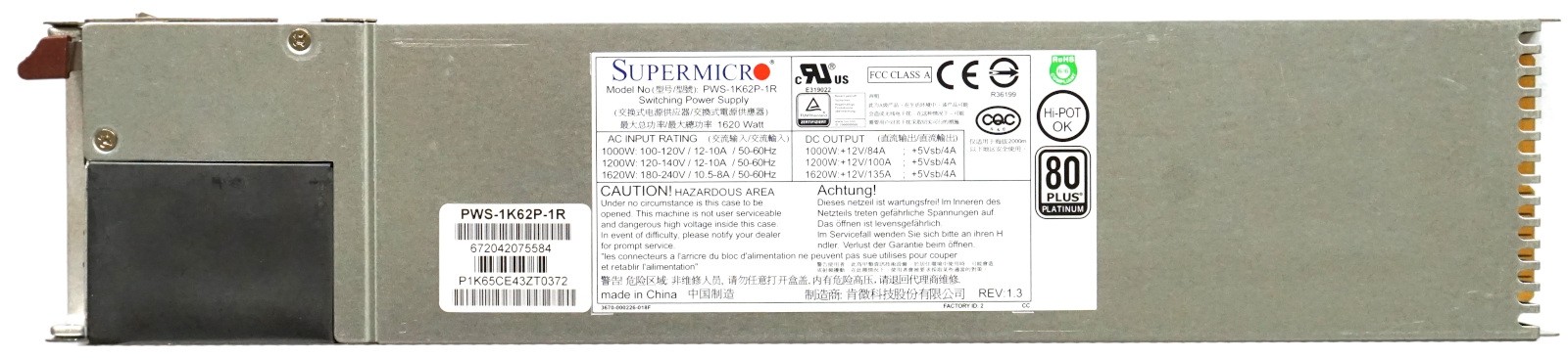 SuperMicro (PWS-1K62P-1R) CSE-847, CSE-848 1620W Hot-Swap PSU