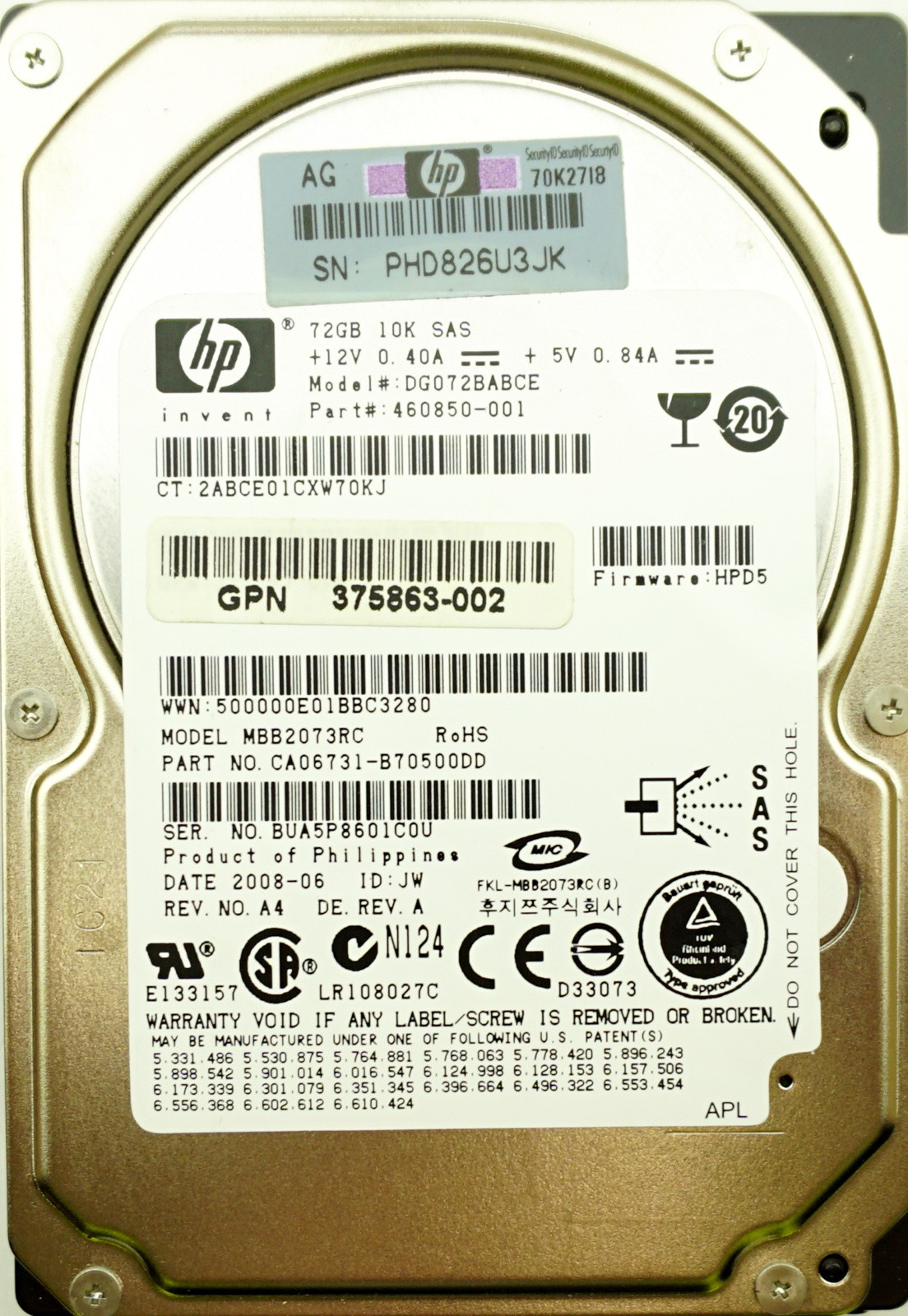 HP (460850-001) 72GB SAS-1 (SFF) 3Gb/s 10K HDD