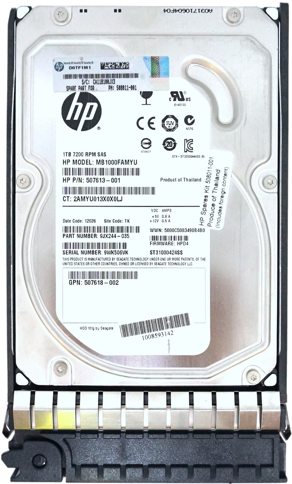 HP (507613-001) 1TB SAS-2 (3.5") 6Gbps 7.2K HDD in G5 Hot-Swap Caddy