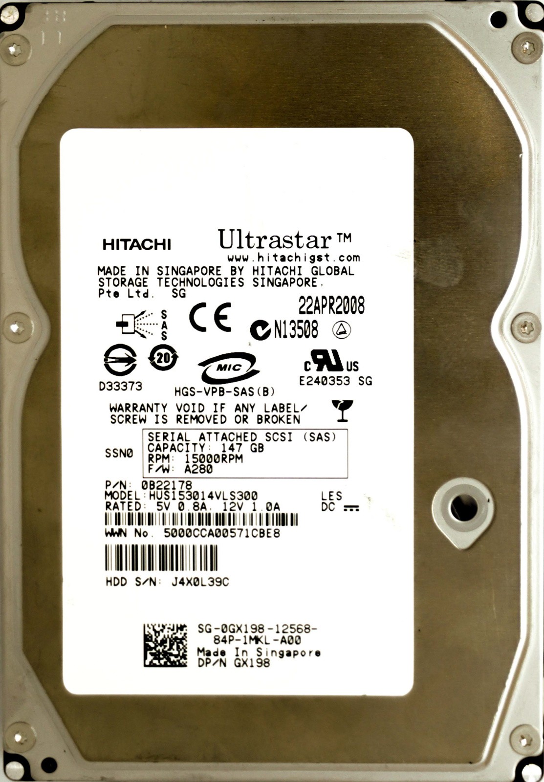 Hitachi (HUS153014VLS300) 146GB SAS-1 (LFF) 3Gb/s 15K HDD