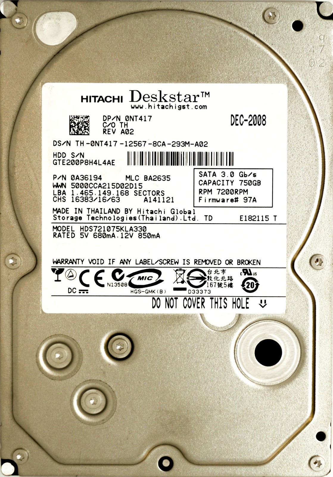 Dell (NT417) 750GB SATA II (LFF) 3Gb/s 7.2K HDD